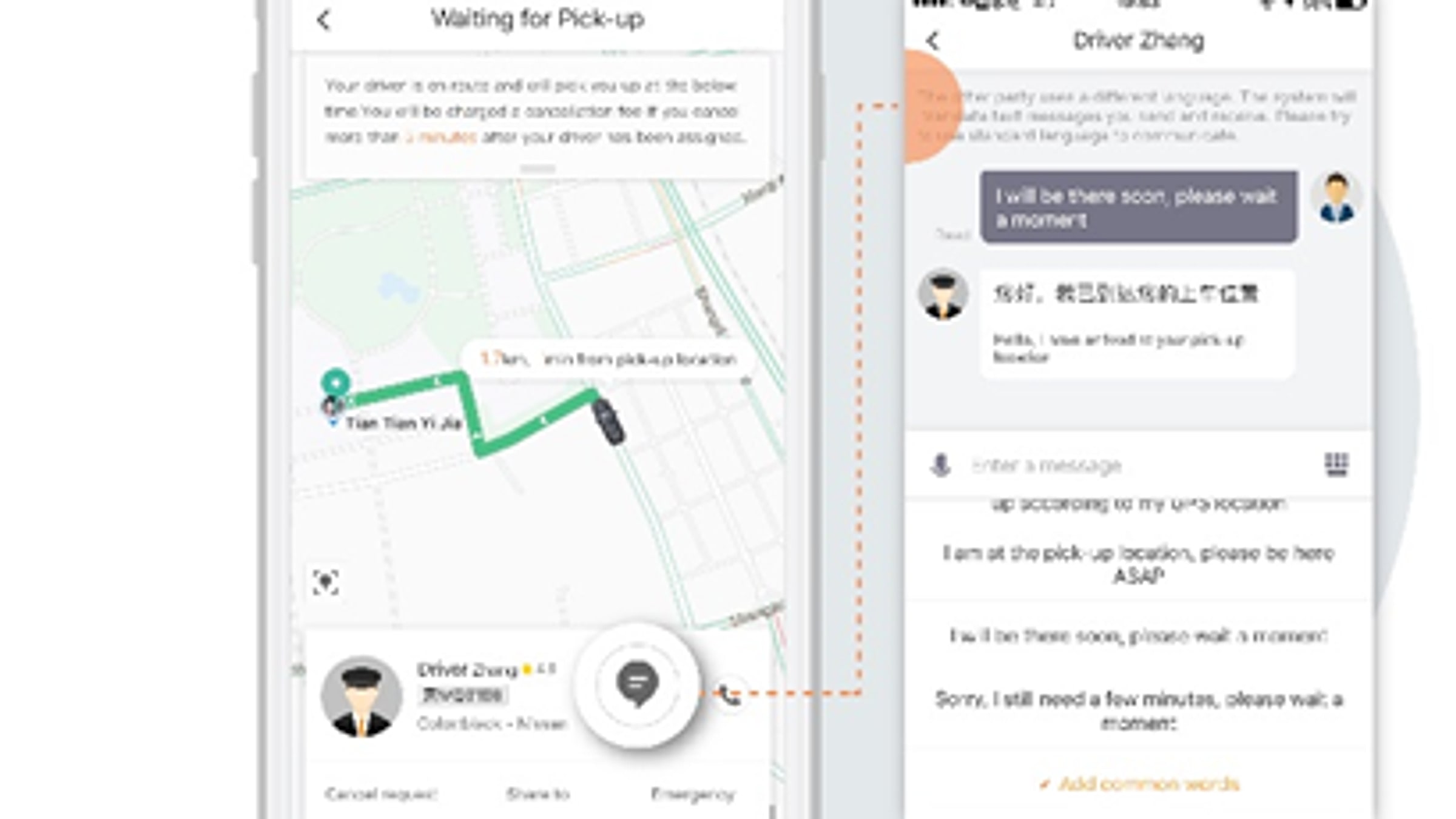 Interfaz DiDi en inglés durante un viaje: mapa en vivo con el estado "Esperando recogida", foto del conductor y un panel lateral que muestra el chat "Driver Zheng" traducido automáticamente del chino al inglés