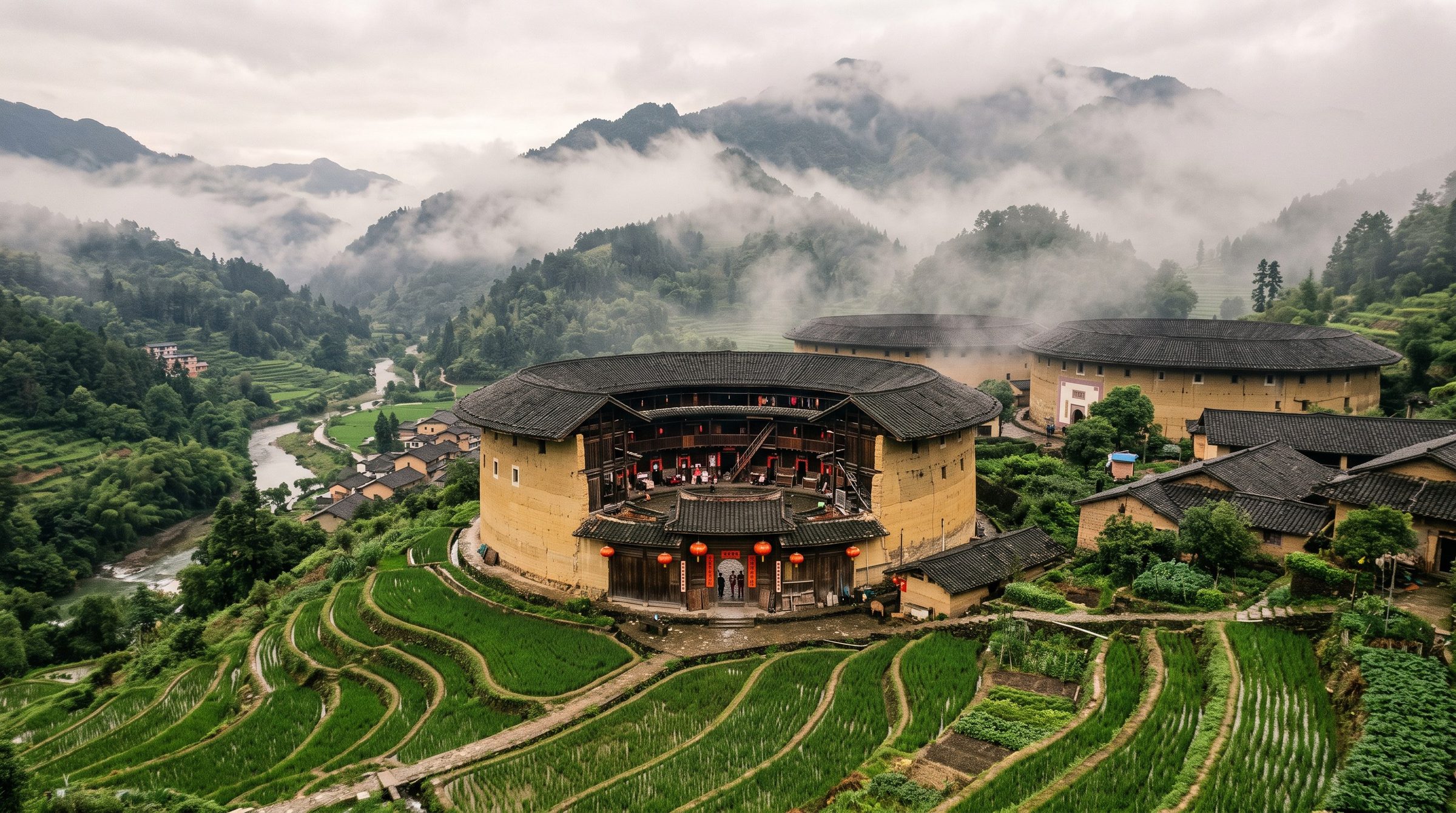 Round earthen Fujian Tulou building rising from terraced rice fields in late afternoon light