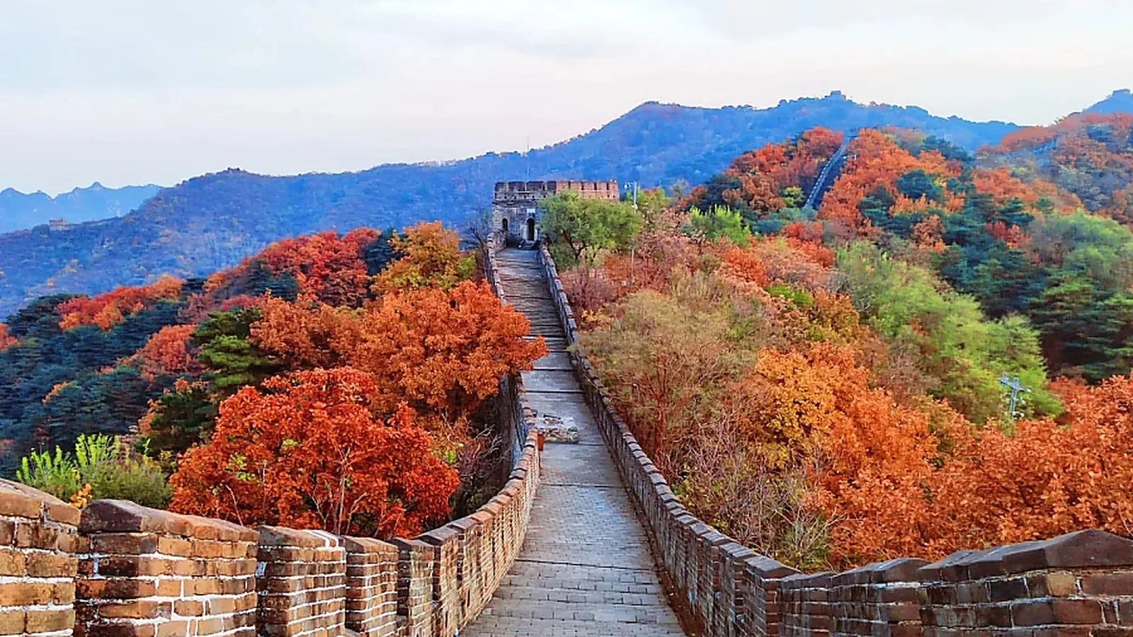 The Great Wall at Jinshanling in spring, with restored Ming-era battlements climbing a steep forested ridge into the distance and a single square watchtower anchoring the ridgeline — a real-life view of the steep, unrestored transition zone that makes the Jinshanling-Simatai hike the most-photographed in China