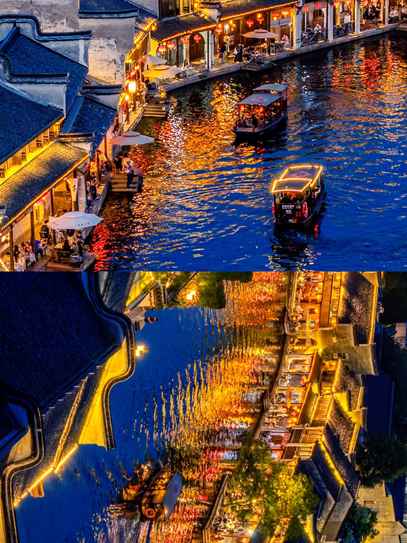 Stone arch bridge over a canal in Wuzhen water town at sunset, with traditional Chinese buildings on both sides and a wooden boat passing underneath, warm golden light reflecting in the water