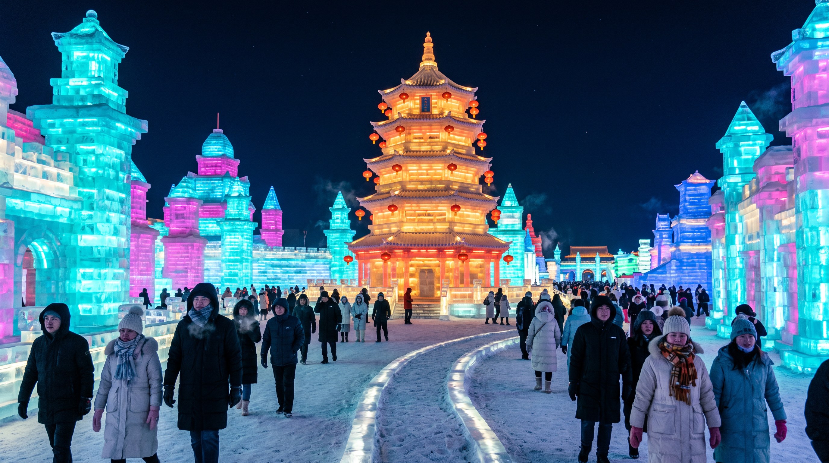 Illuminated ice palace and towering ice sculptures at the Harbin Ice and Snow World festival at night, glowing in vivid blue, purple, and gold against the dark winter sky