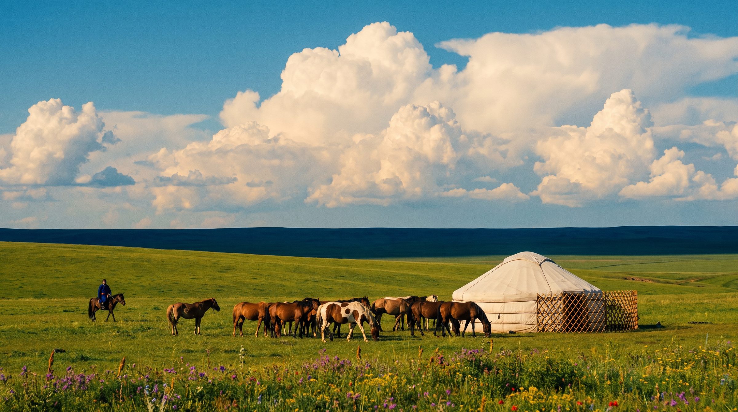 A traditional Mongolian yurt (ger) on the rolling green grasslands of Inner Mongolia, with horses grazing in the distance and a blue sky with white clouds overhead