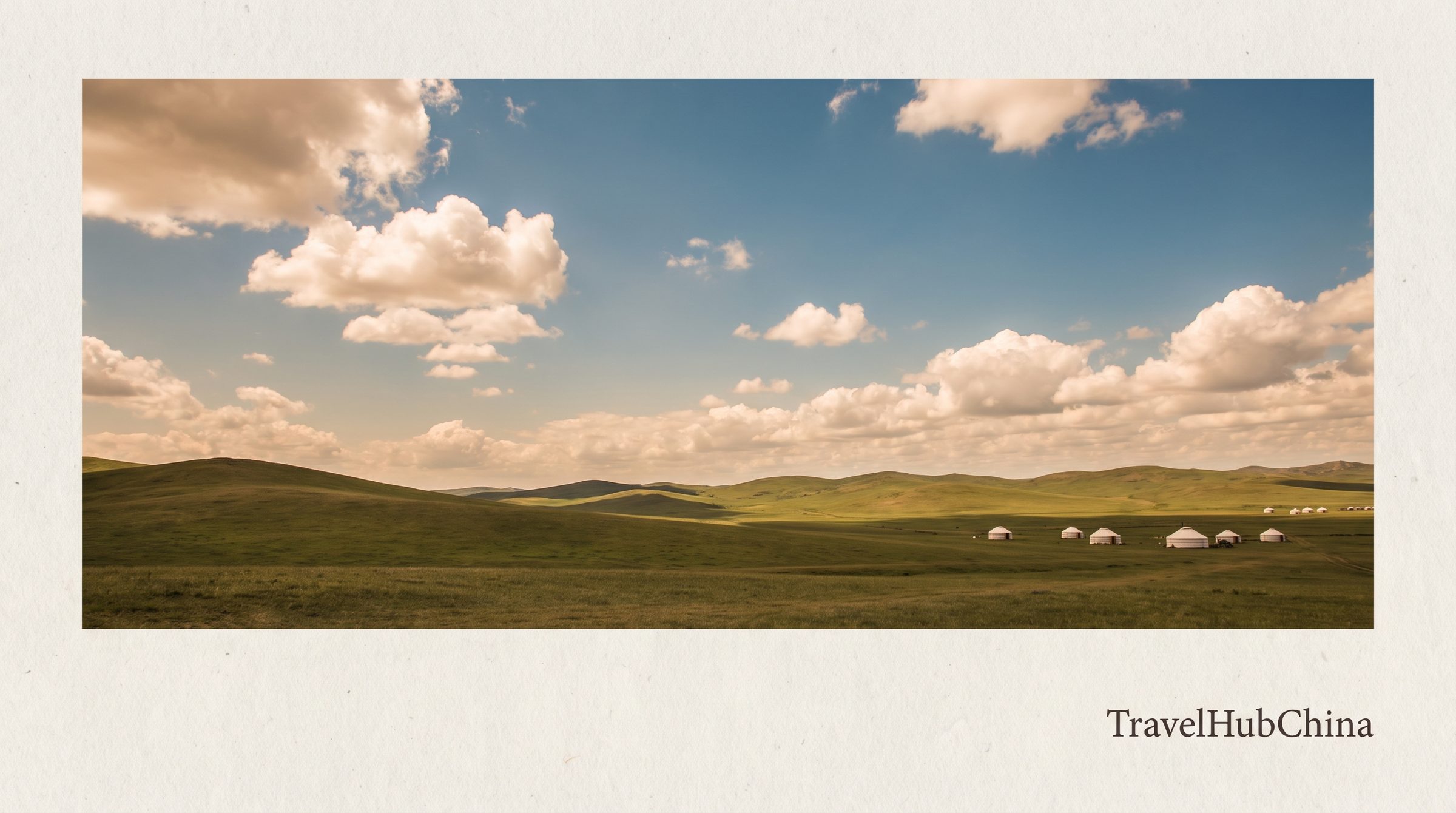 The Xilamuren Grassland in Inner Mongolia, with rolling green hills, traditional Mongolian yurts (gers), horses grazing, and a bright blue sky