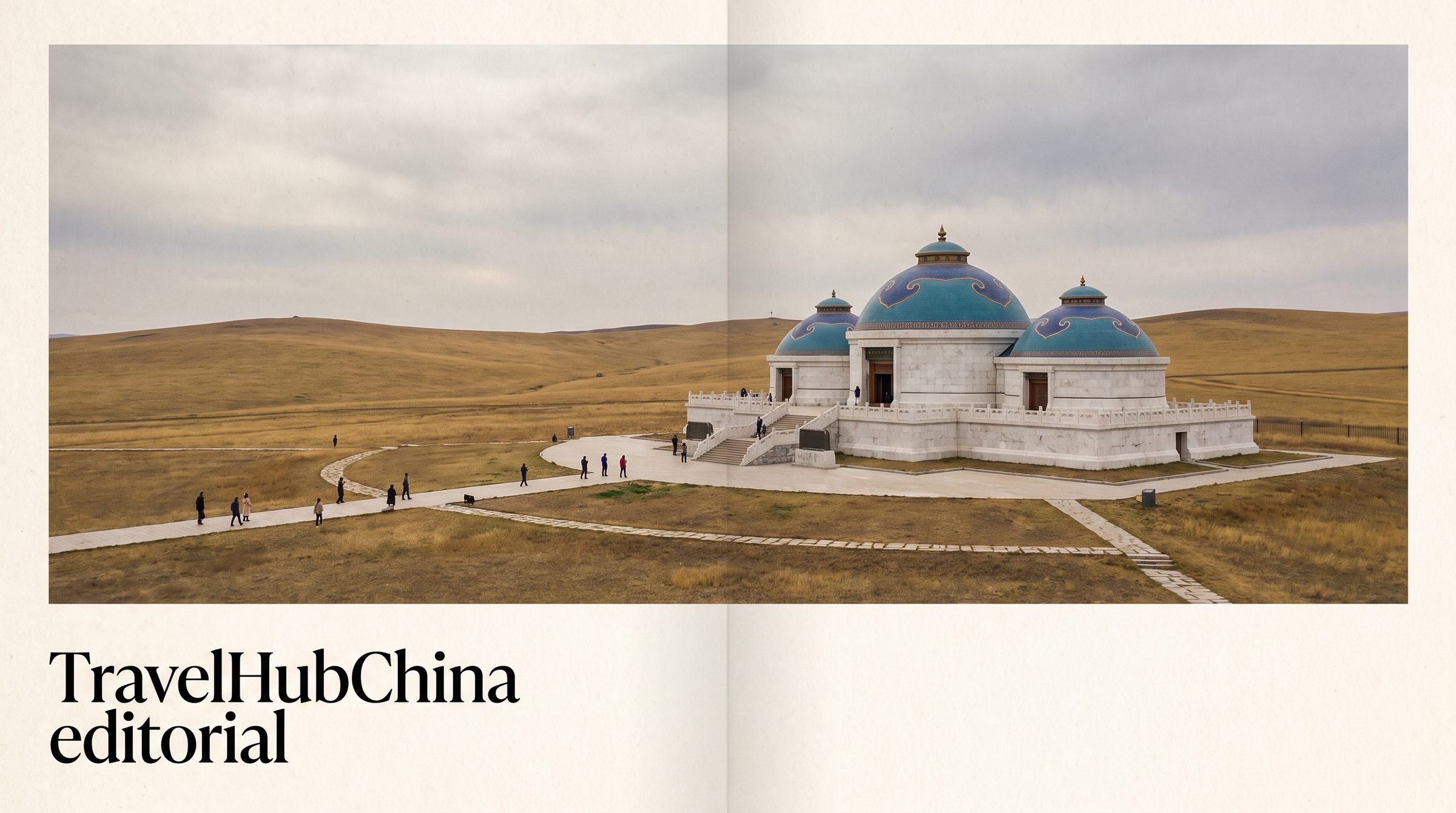 The Genghis Khan Mausoleum complex in Ordos, showing the central white hall with the traditional Mongol tent-shaped roof and the smaller shrine buildings arranged around it