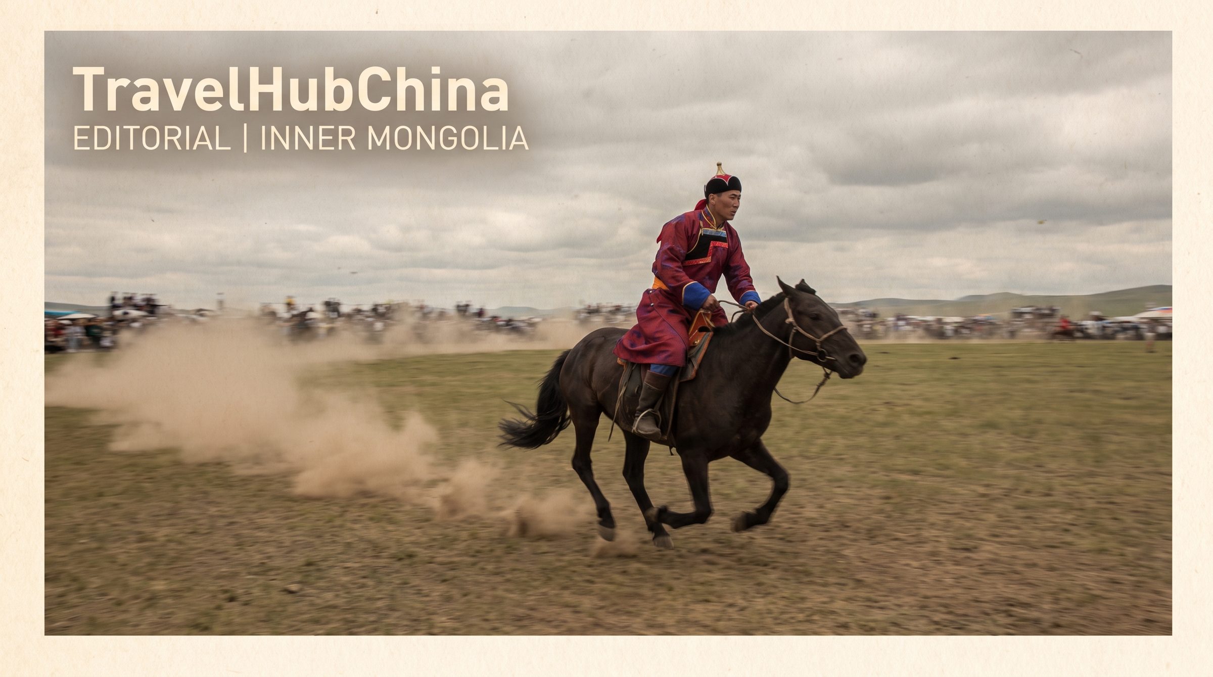 Mongolian horsemen racing across the grassland during the Naadam Festival, with spectators in traditional dress watching from the side
