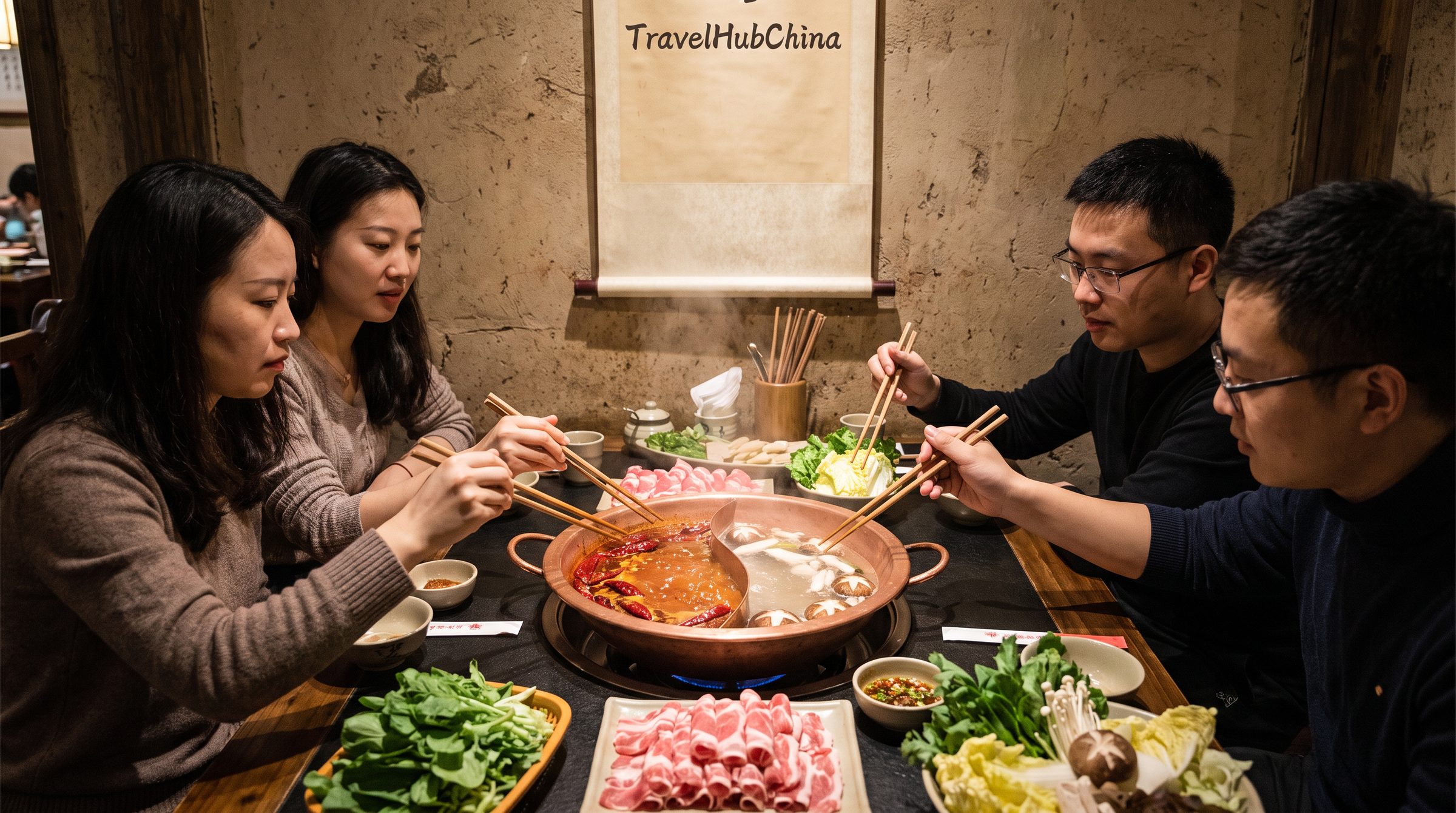 A traditional Mongolian hotpot restaurant in Hohhot, with hand-sliced lamb, dipping sauces, and a large brass hotpot in the center of the table