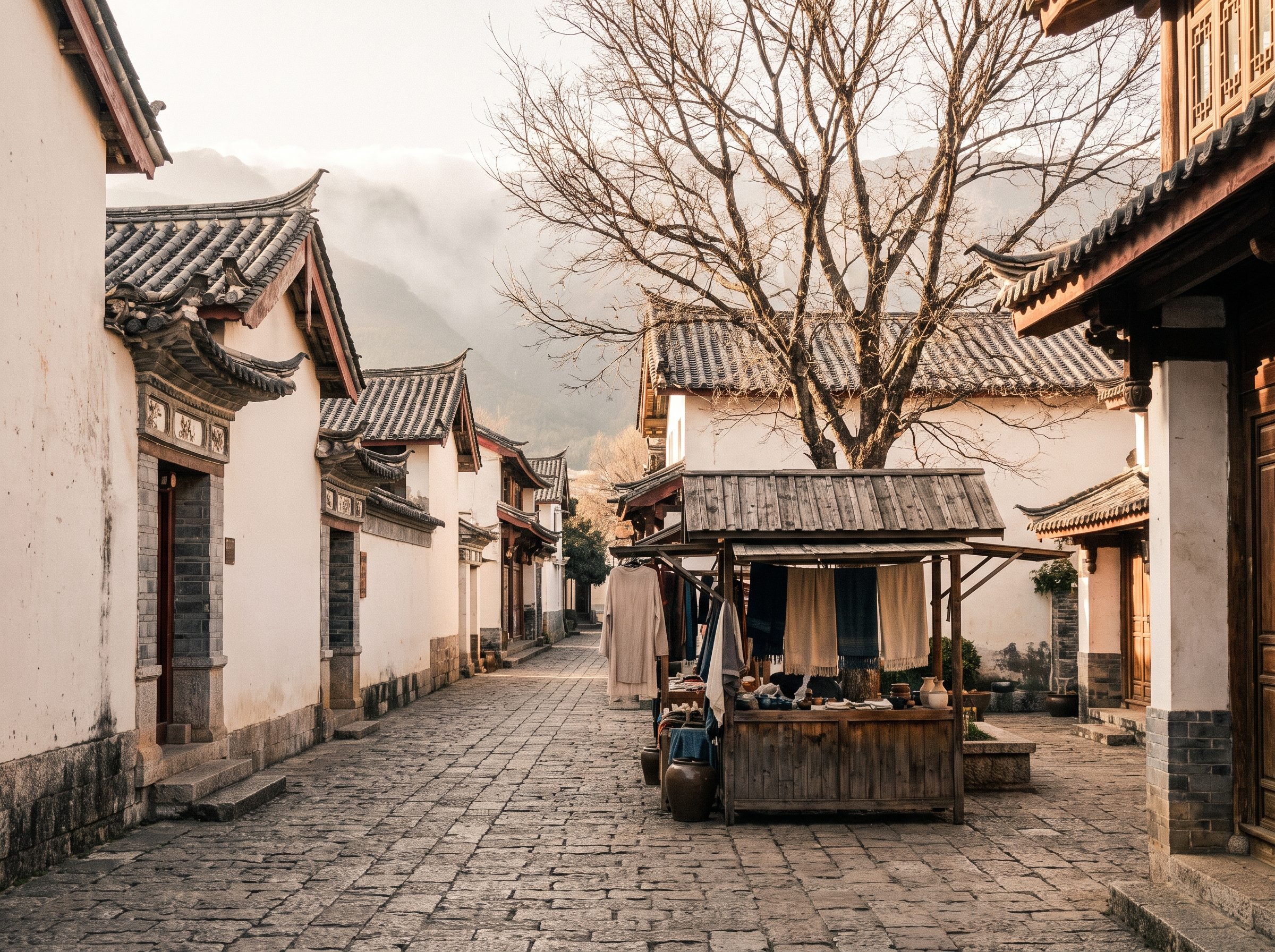 Dali Old Town in Yunnan, traditional Bai ethnic architecture with white walls and grey tiled roofs, ancient stone streets
