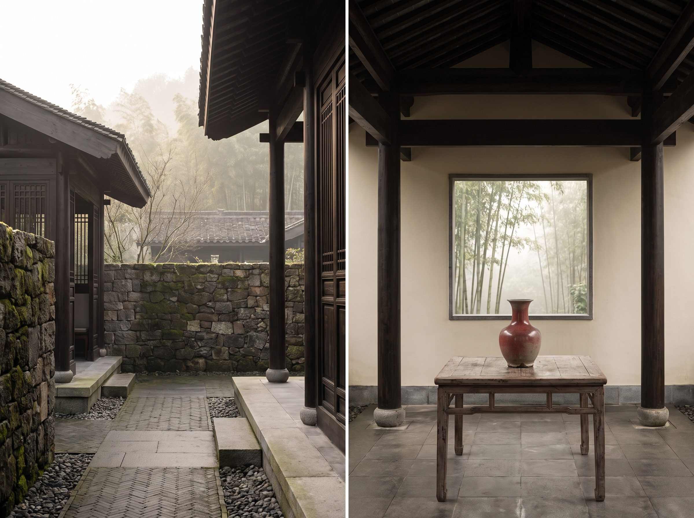 Romantic Aman Fayun resort in Hangzhou, traditional Chinese architecture with private courtyard and view to misty bamboo forest