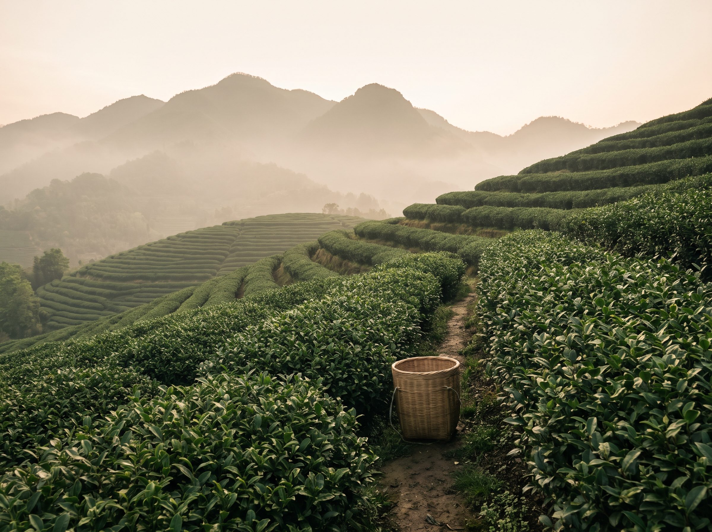 Longjing tea plantation terraces in Hangzhou with lush green tea bushes and misty mountains
