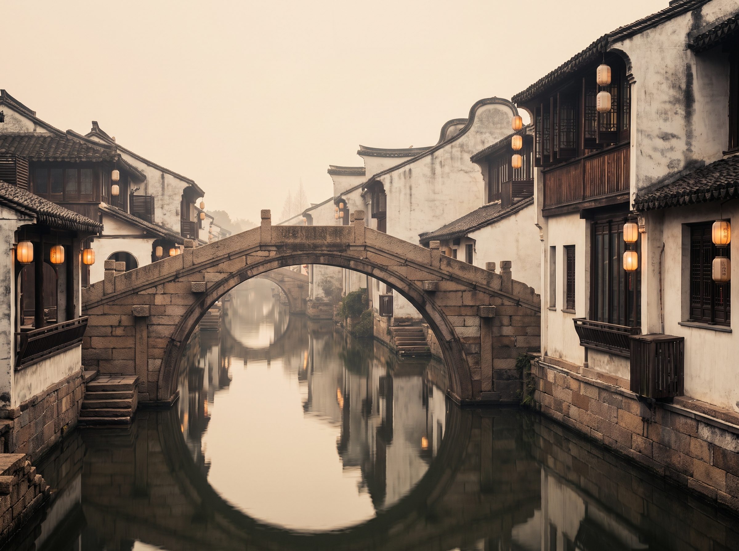 Wuzhen water town in Zhejiang at golden hour, ancient stone bridges over narrow canal and traditional white-walled houses reflected in still water
