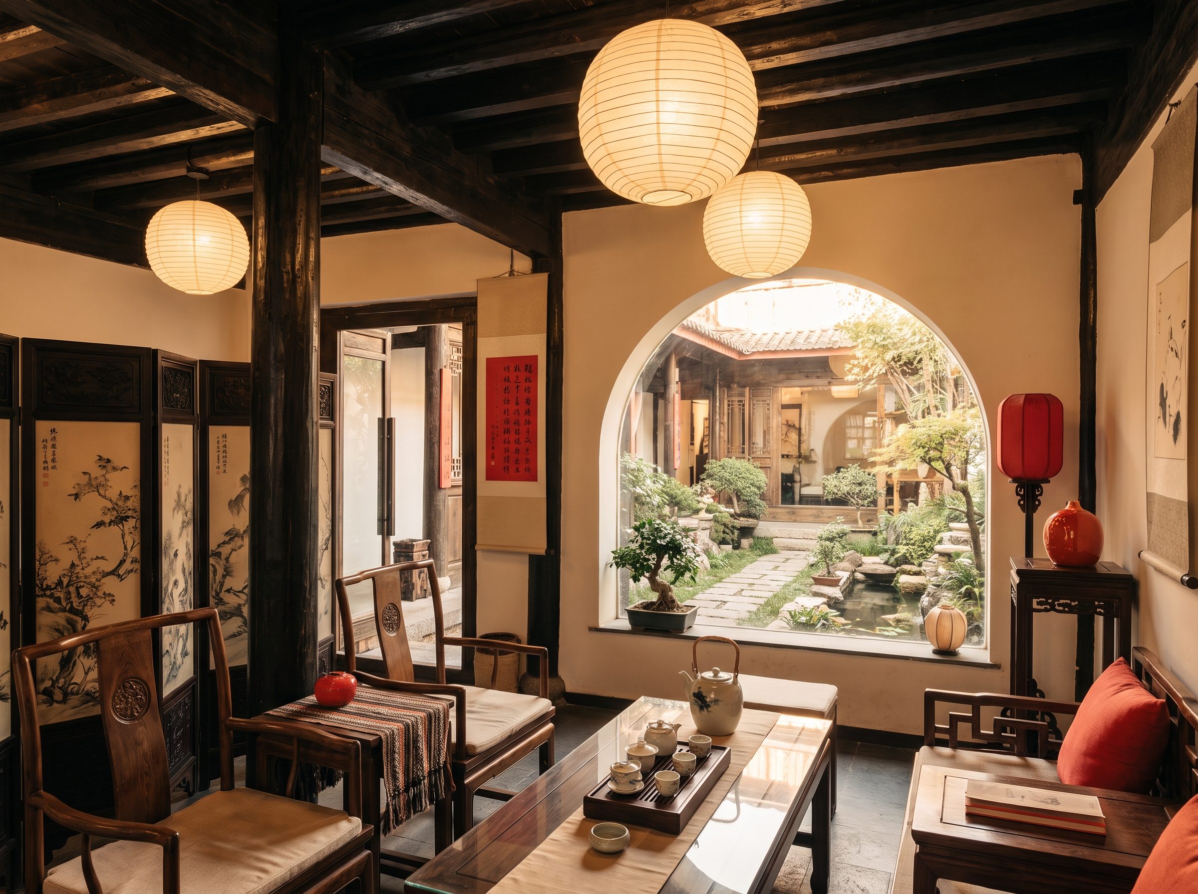 Traditional Naxi courtyard boutique hotel interior, dark wood beams, paper lanterns, antique wooden furniture, garden view