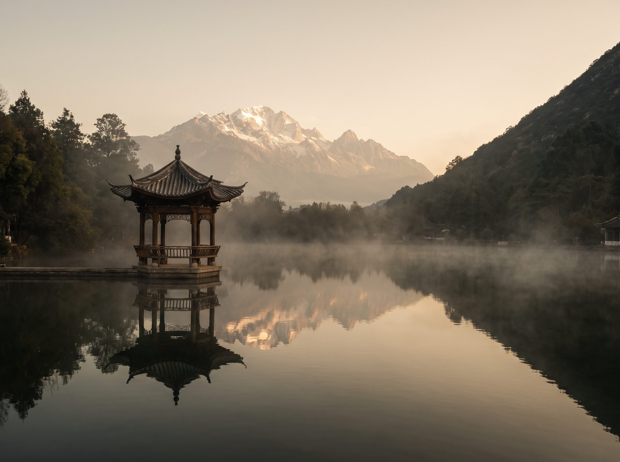 Black Dragon Pool in Lijiang at sunrise, traditional pavilion reflected in still water with Jade Dragon Snow Mountain in background