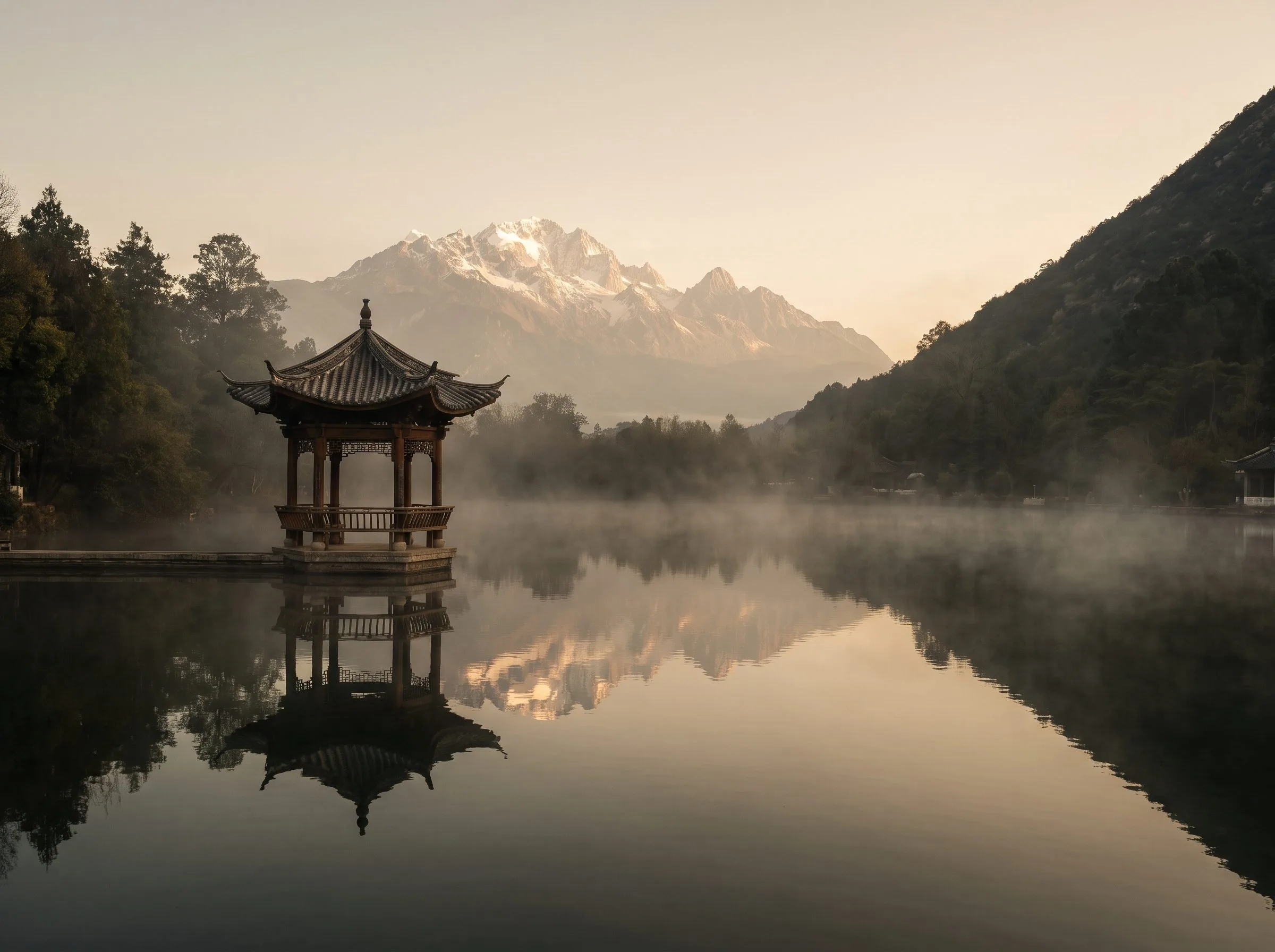 Black Dragon Pool in Lijiang at sunrise, traditional pavilion reflected in still water with Jade Dragon Snow Mountain in background
