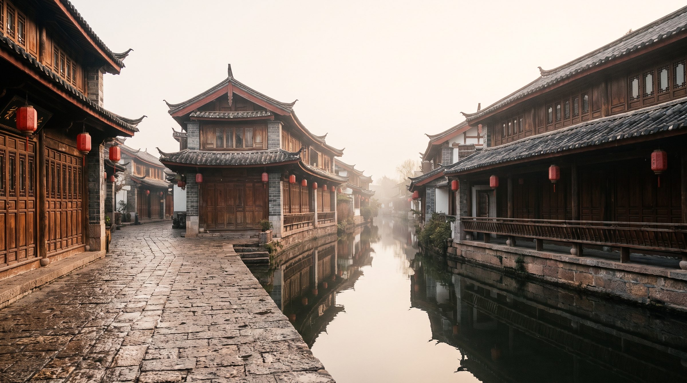 Lijiang Old Town at early morning in Yunnan, China, traditional Naxi architecture along a stone-paved canal