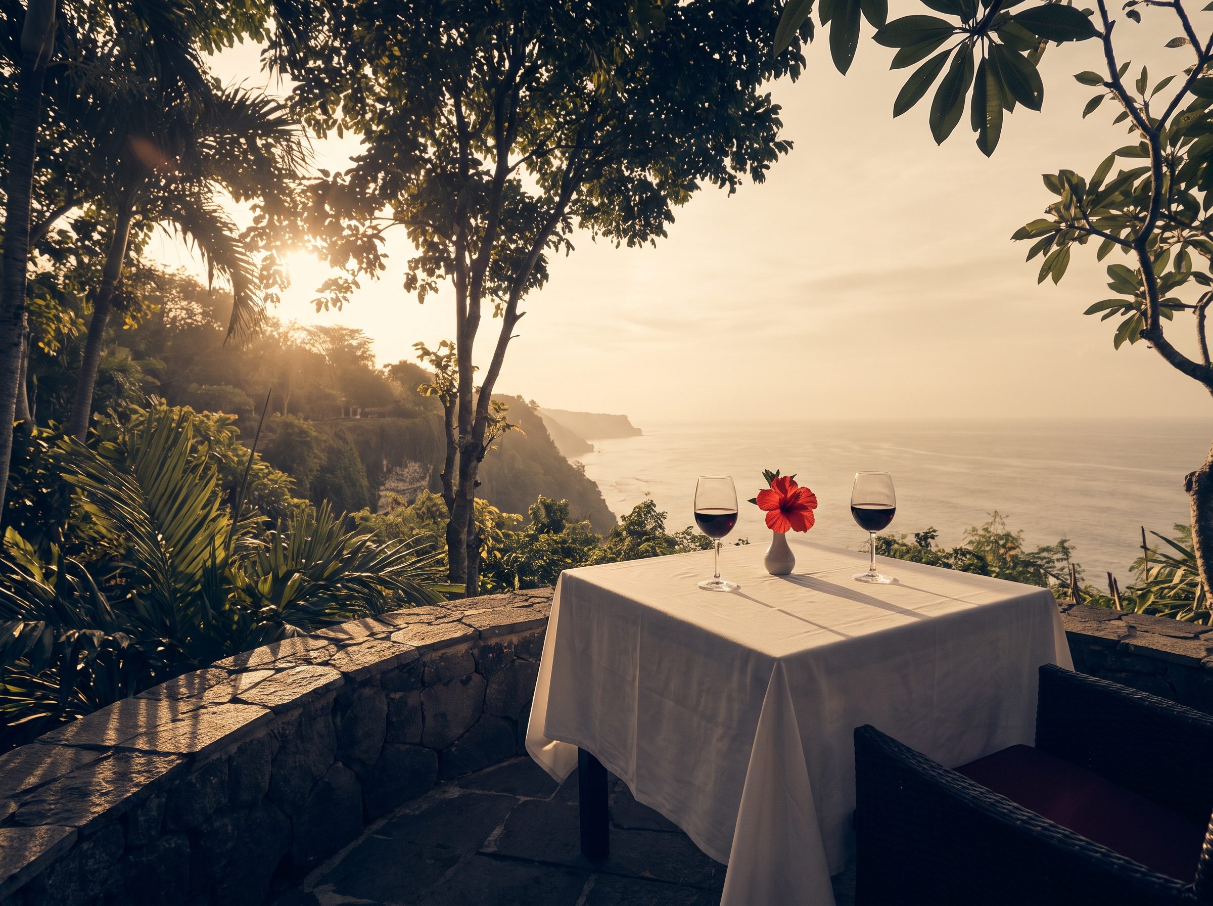 Romantic private cliff-side dinner for two at sunset with panoramic ocean view in Sanya, Hainan