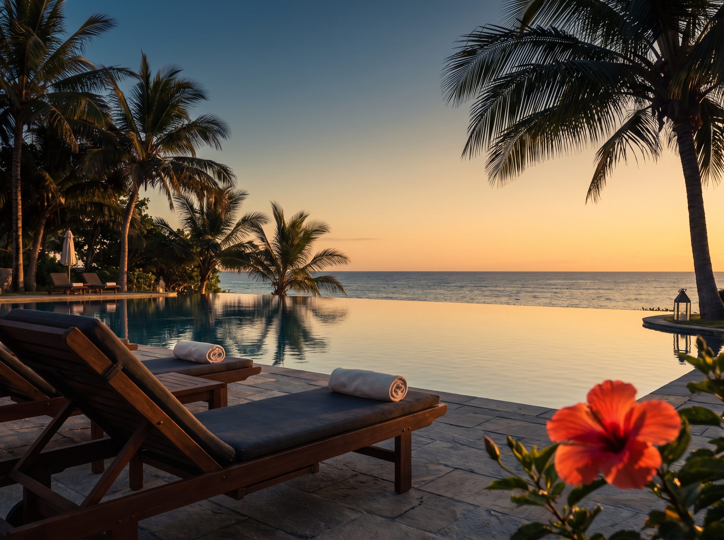 Luxury beach resort infinity pool at sunset with palm trees and ocean view in Yalong Bay, Sanya