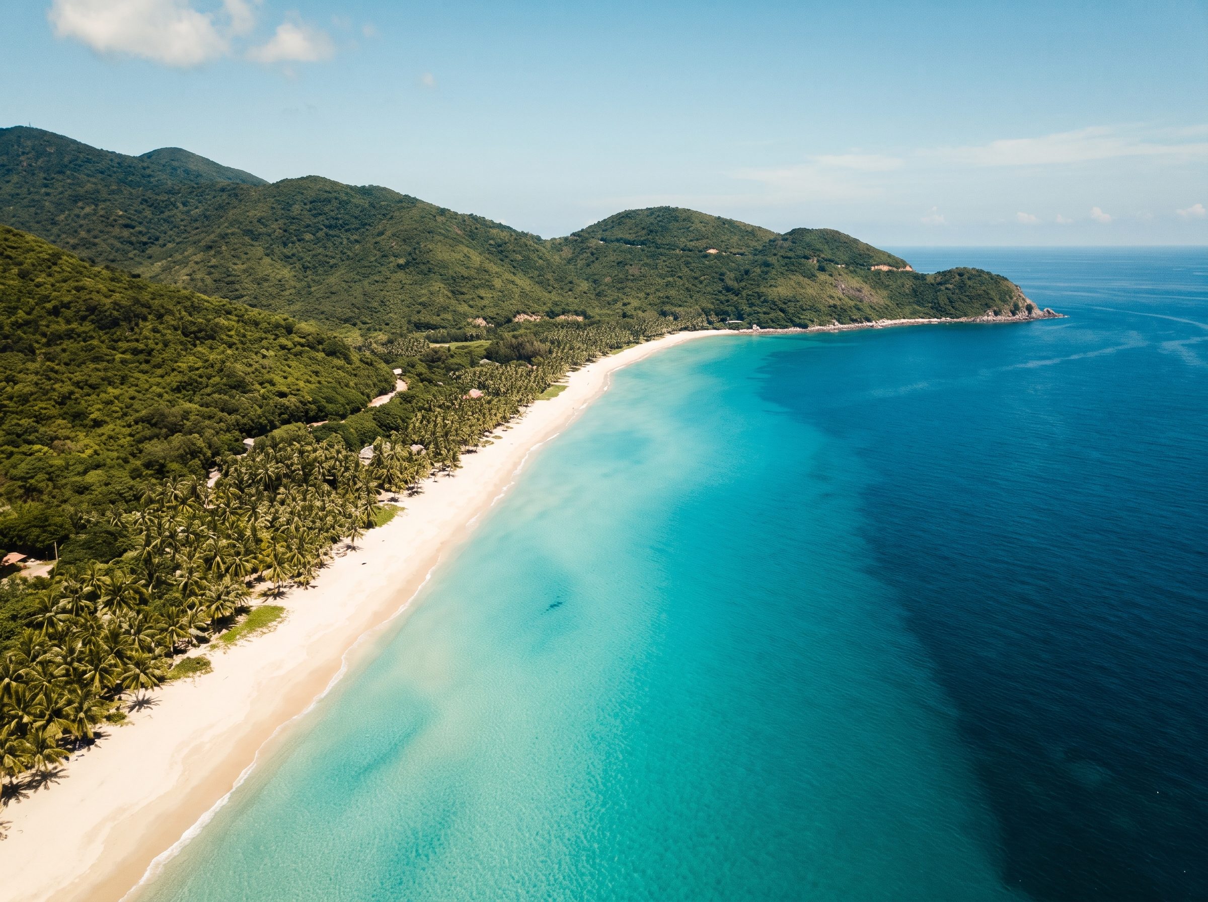 Aerial view of Yalong Bay's palm-lined white-sand beach and turquoise water in Sanya, Hainan, China
