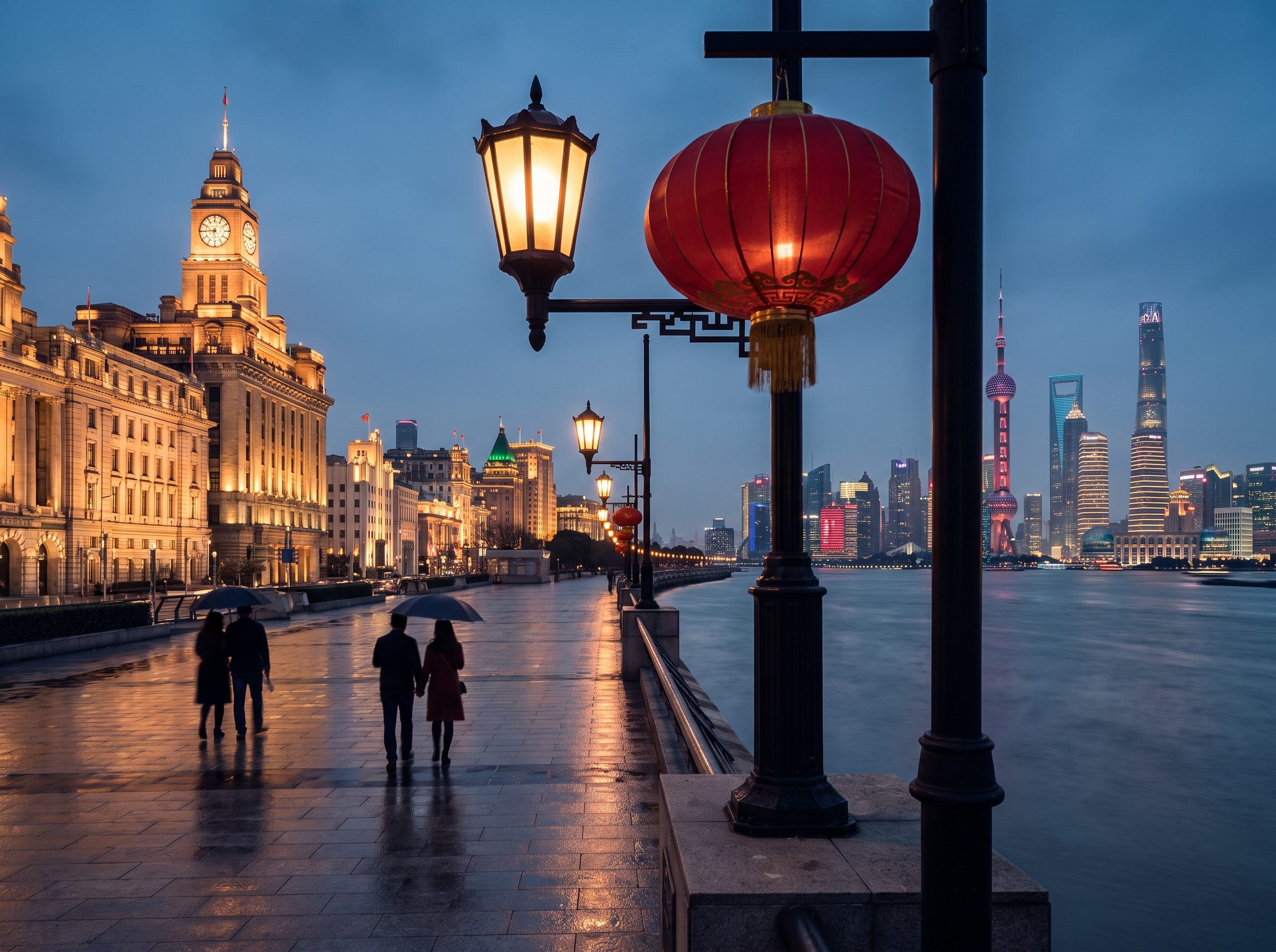 Shanghai Bund at night with Art Deco heritage buildings lit up and Pudong skyscrapers glowing across the Huangpu River