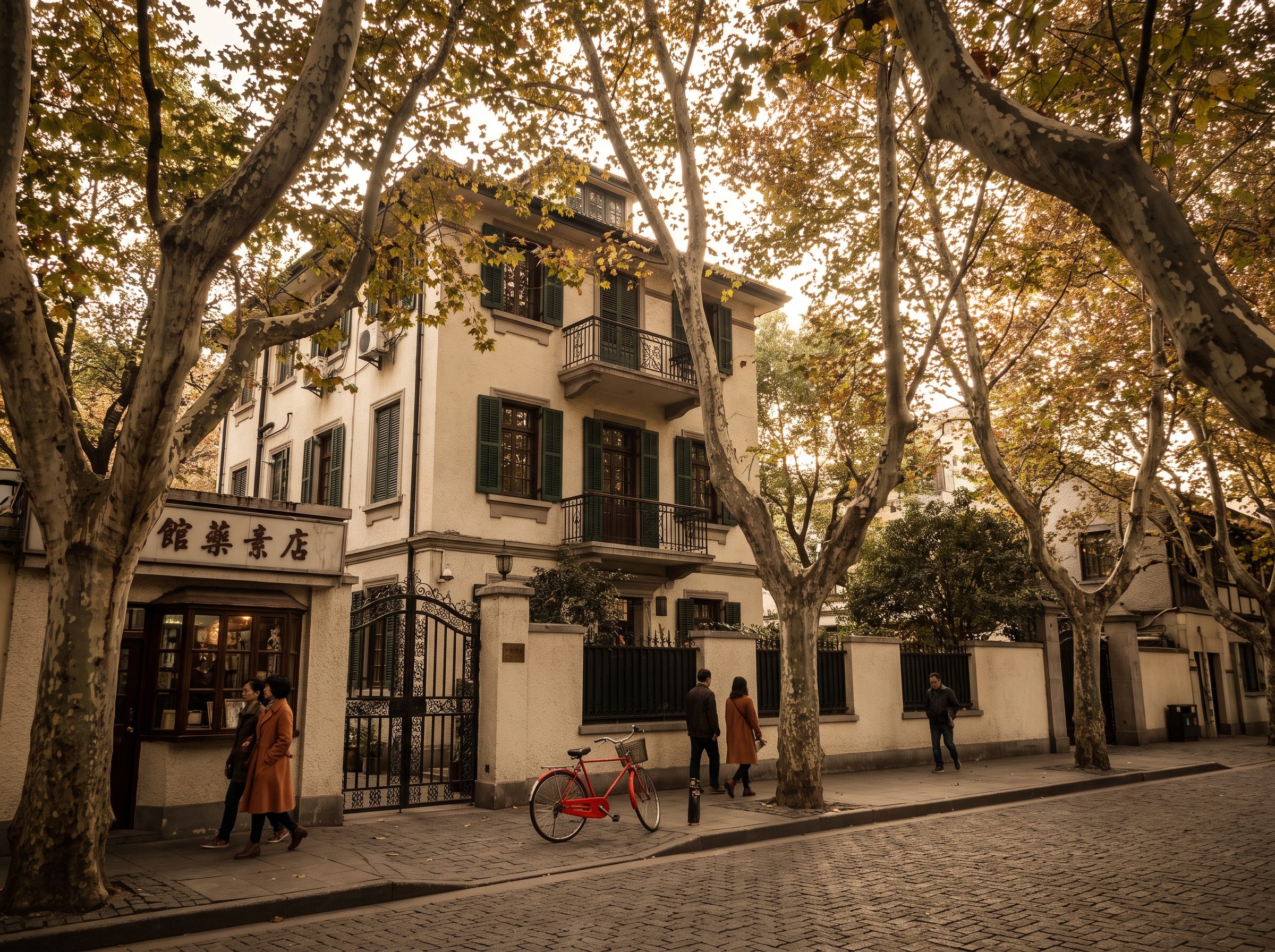 Tree-lined street in Shanghai French Concession with 1920s European-style villa and leafy canopy