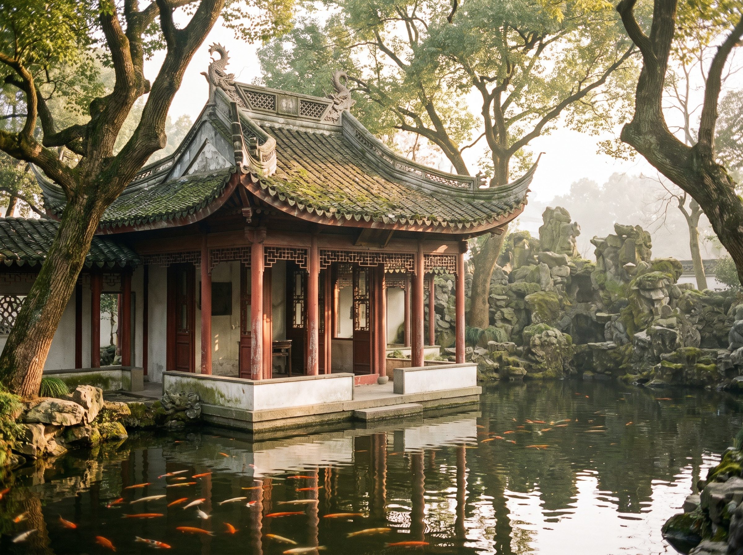 Yu Garden traditional Chinese pavilion with upturned eaves and koi pond in Shanghai Old Town