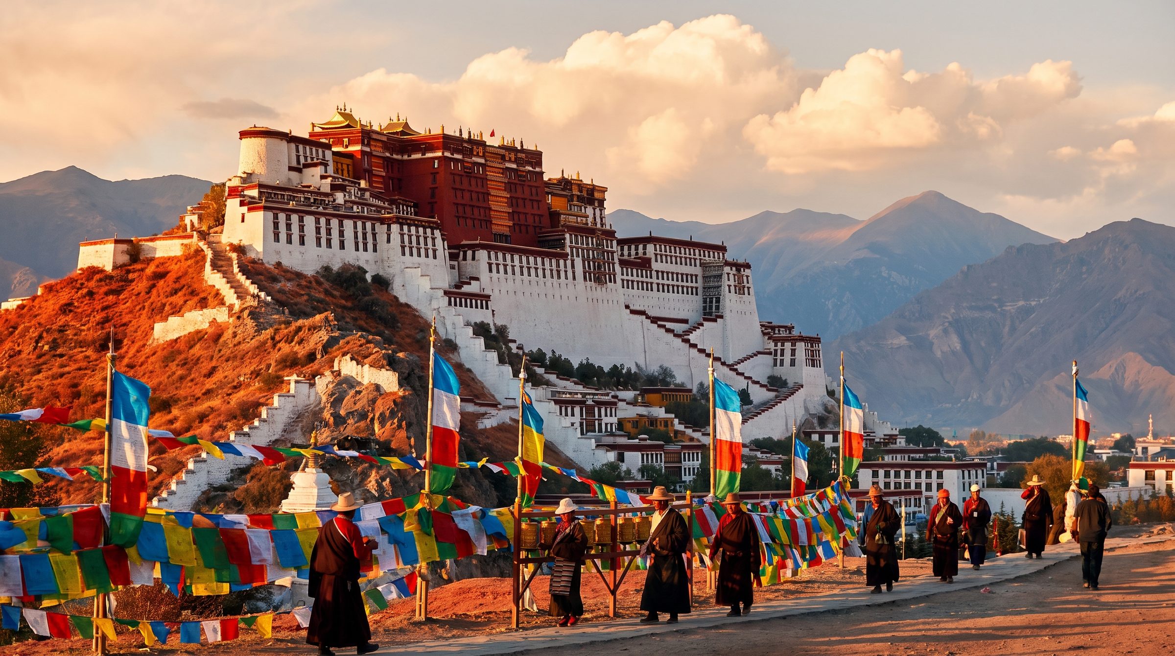 Morning view of the Barkhor pilgrim circuit in central Lhasa, with prayer wheels lining the path, pilgrims walking clockwise, and the rooftop of the Jokhang Temple visible under a deep blue Tibetan sky