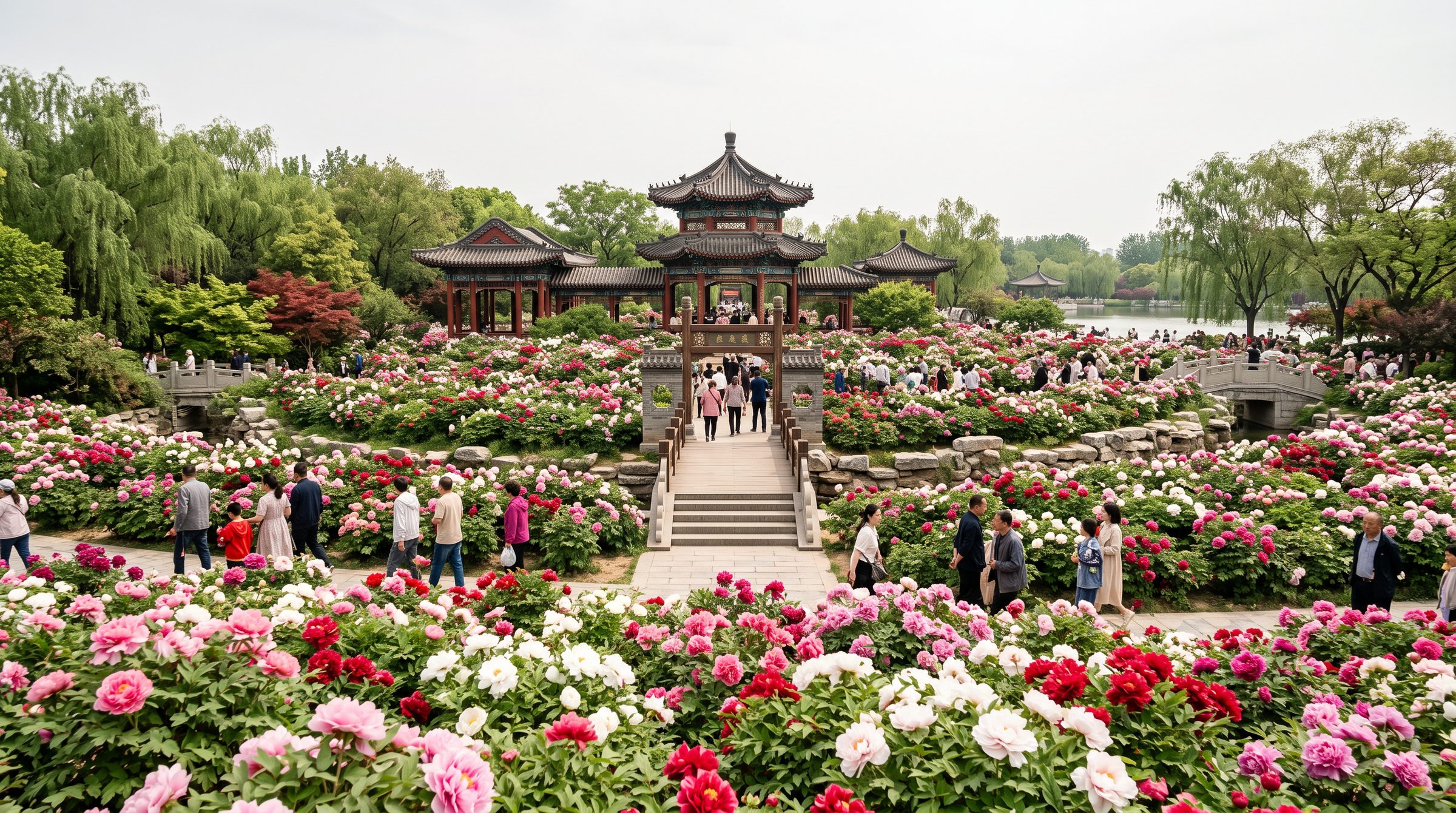 The peony flower beds at Wangcheng Park during the Luoyang Peony Festival, with mass displays of red, white, and pink tree peonies in full bloom in spring