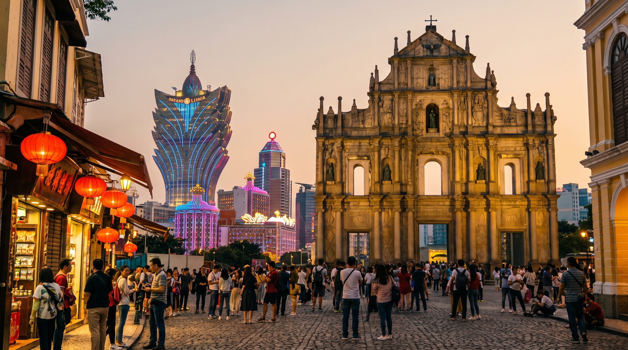 The Ruins of St Paul's in Macau — a 17th-century stone façade of the original Jesuit cathedral, illuminated at night with the stone steps in front and crowds of tourists gathered