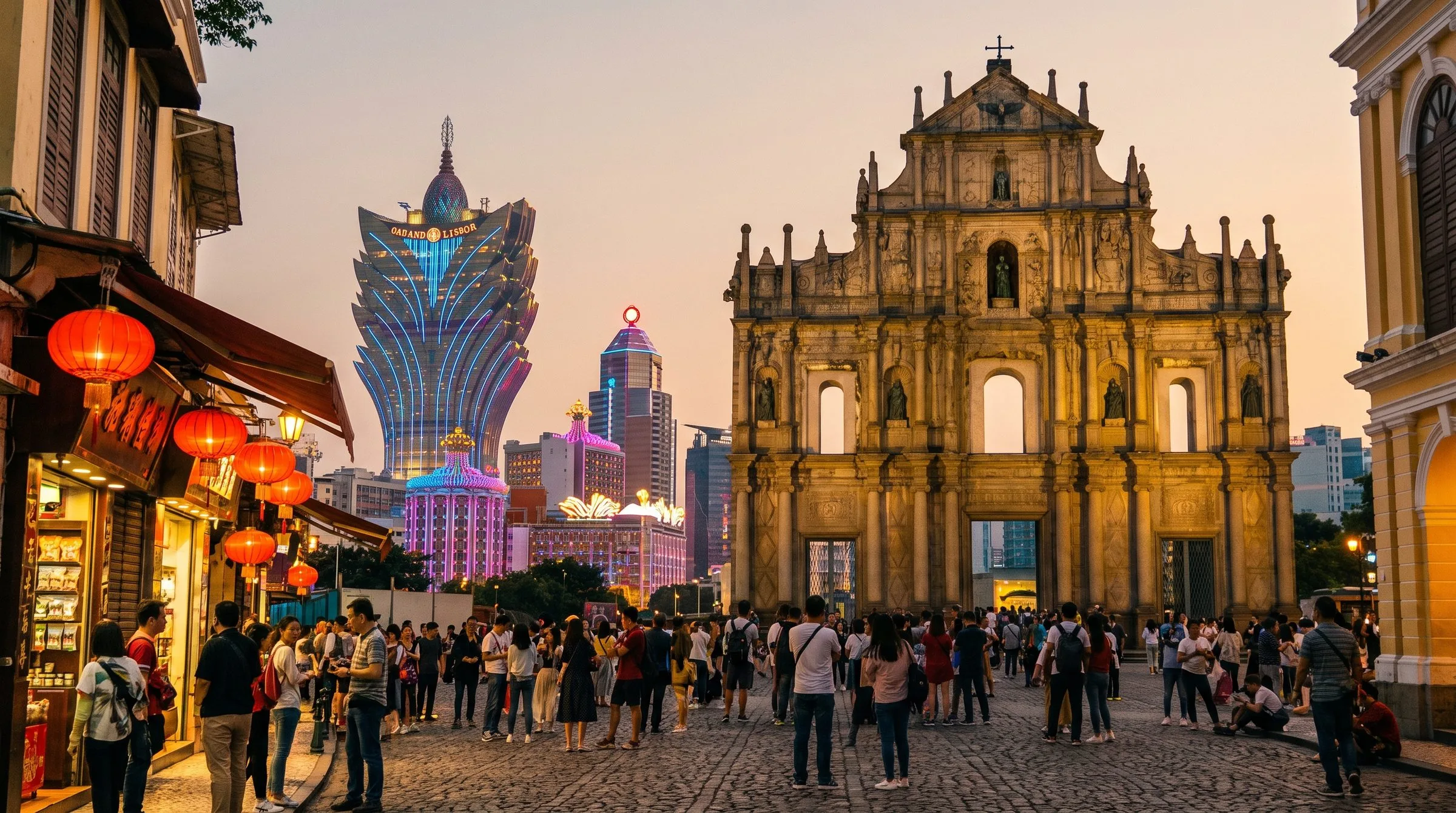 The Ruins of St Paul's in Macau — a 17th-century stone façade of the original Jesuit cathedral, illuminated at night with the stone steps in front and crowds of tourists gathered