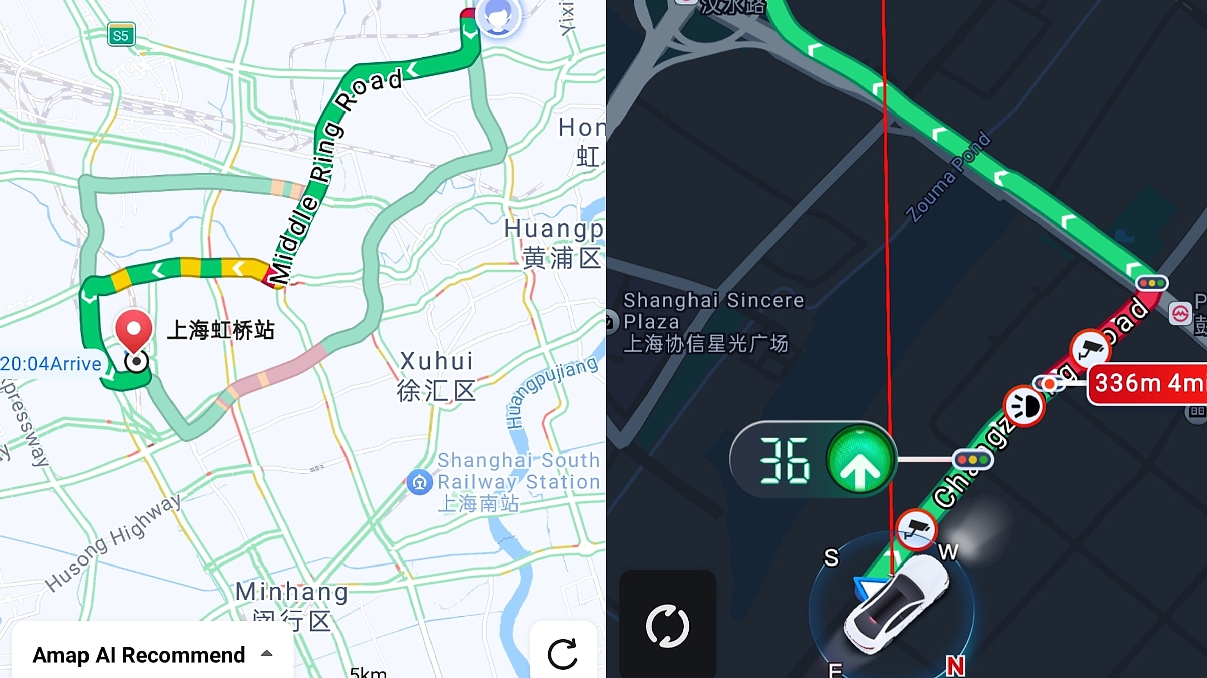 Amap-Dual-Screen-Demo: Routenplanung mit den Registerkarten „Fahren/ÖPNV/Radfahren“ (links) und aktive Navigation in Shanghai (rechts) mit englischen Sprachansagen – beweist, dass Amap vollständig auf Englisch funktioniert, sobald Sie die Spracheinstellung ändern