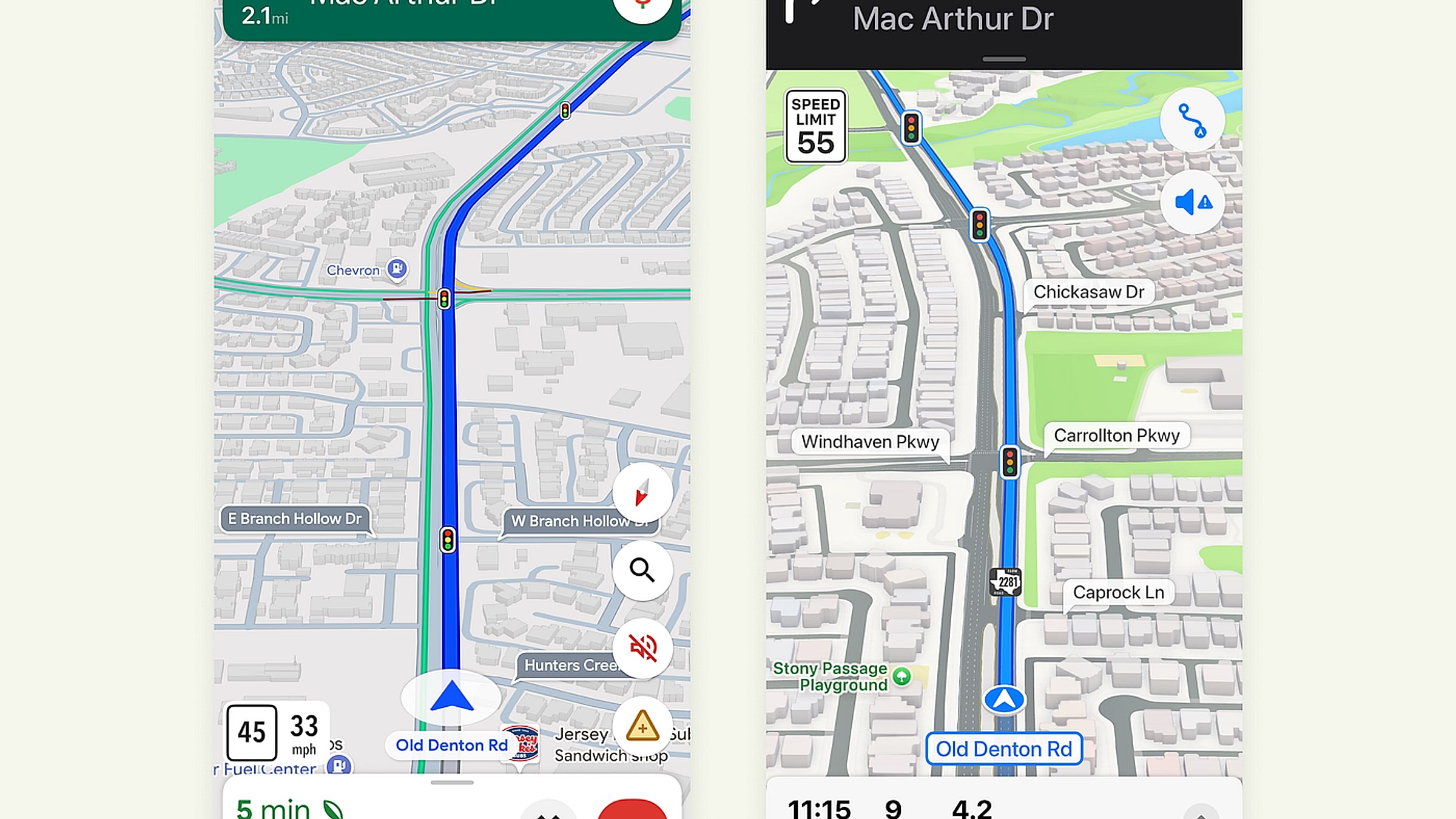 Apple Maps (links, mph) vs. Google Maps (rechts, mi) navigieren auf derselben Route von Mac Arthur Dr → Old Denton Rd – beide zeigen, wie „normale“ Navigation auf Englisch aussieht, wobei Google Maps in China die blockierte Option ist