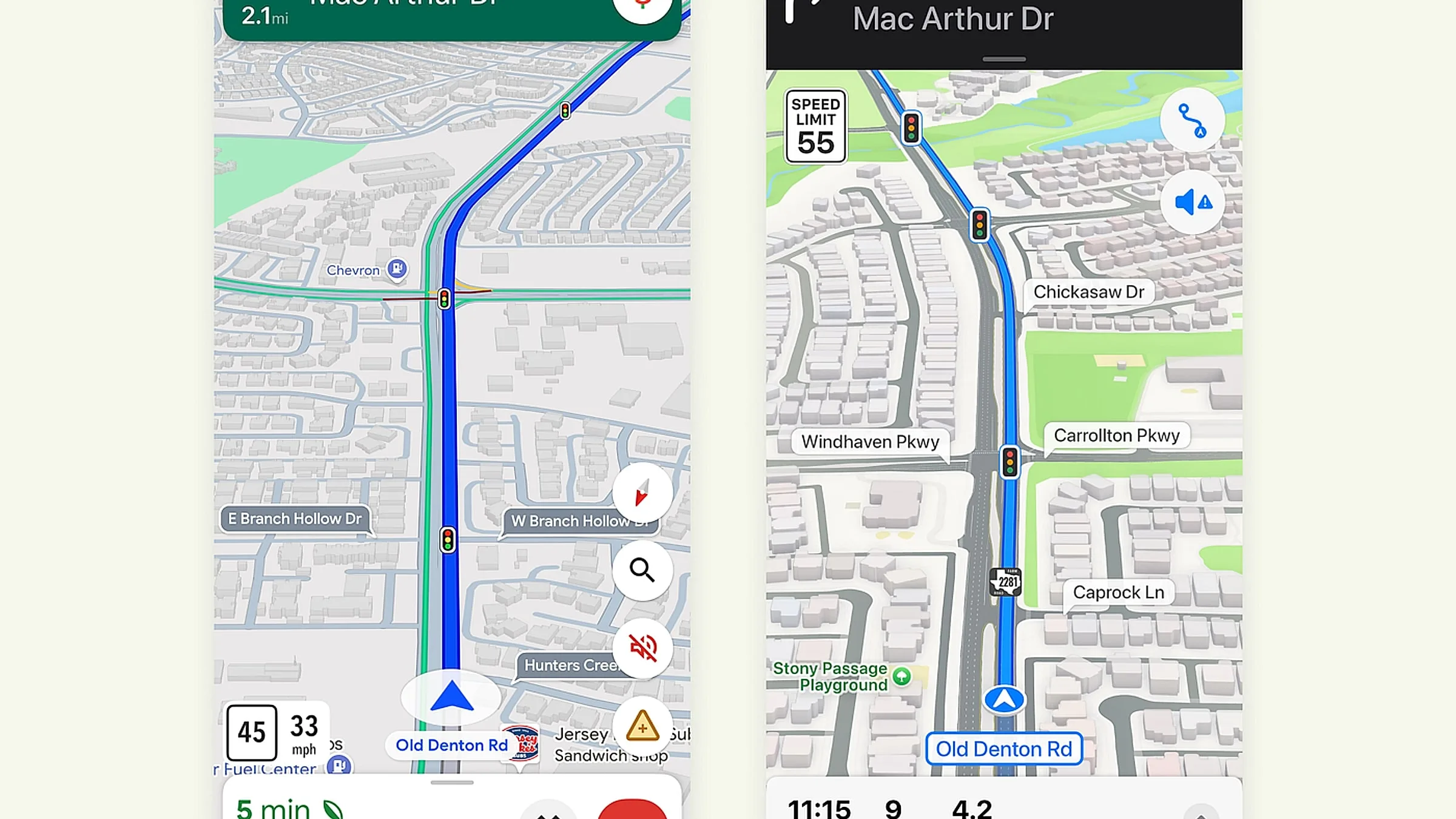 Apple Maps(左、mph)とGoogle Maps(右、mi)が同じMac Arthur Dr → Old Denton Rd ルートを案内している比較画像。両方とも英語での「通常の」ナビを示しており、Google Mapsは中国でブロックされる側