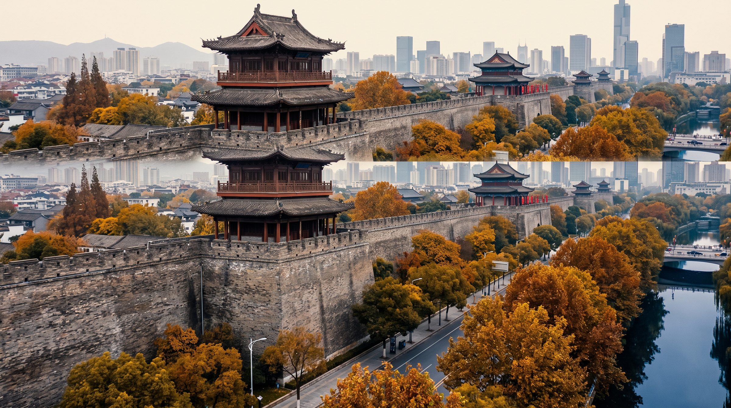 The 392-step approach to the Sun Yat-sen Mausoleum on Purple Mountain, with a wide blue-tiled marble staircase ascending through a forest of Chinese pine trees to the white marble sacrificial hall at the top