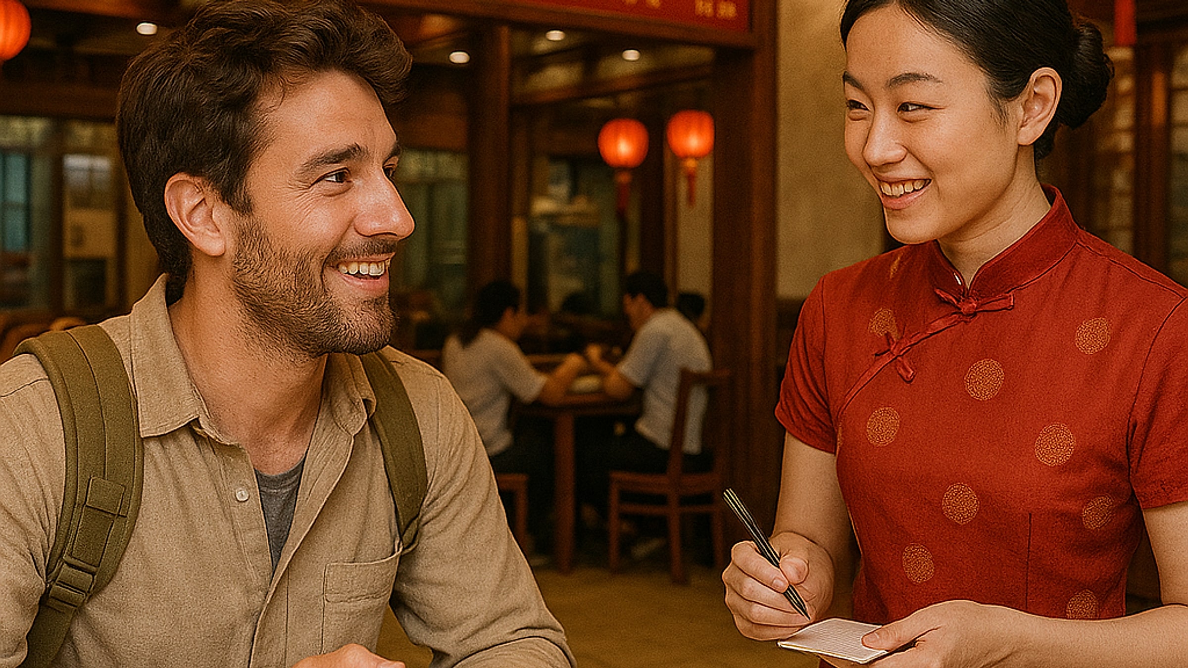 Ausländer bestellt in einem chinesischen Restaurant – ein westlicher Reisender lächelt einen chinesischen Kellner in einem roten Qipao an, der sich Notizen auf einem Notizblock macht; Rote Laternen und andere Gäste im Hintergrund