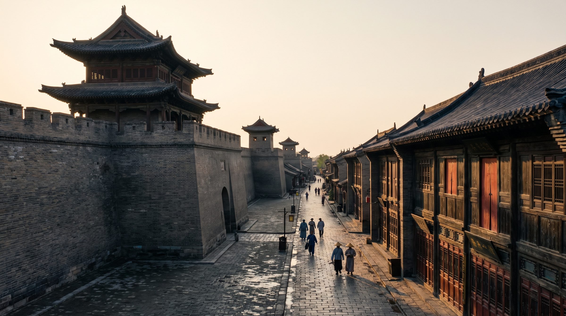 The South Gate of the Pingyao City Wall at sunset, with the original Ming-era gate tower, the red lantern-lit wall, and a stone bridge over the moat in the foreground