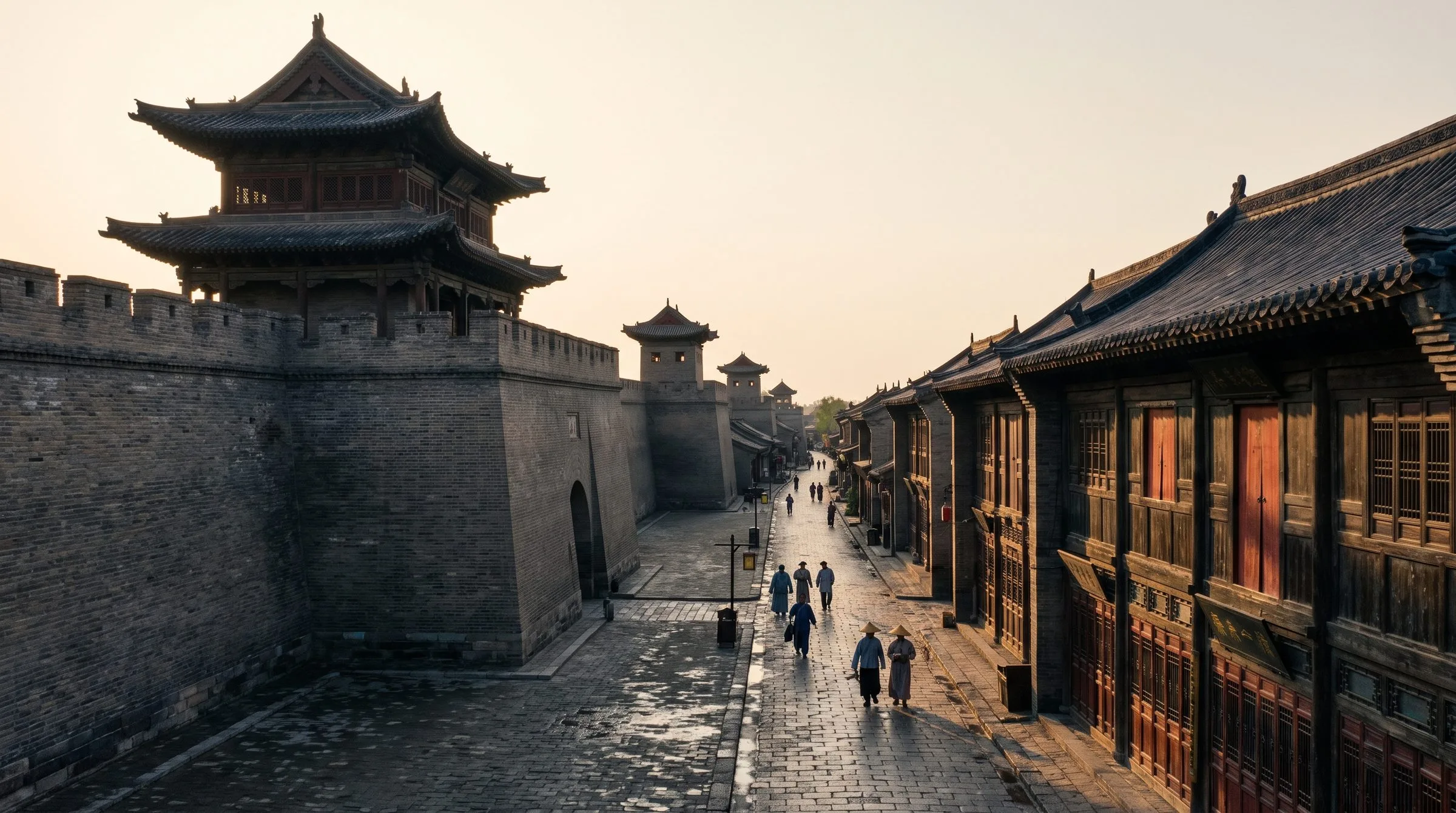 The South Gate of the Pingyao City Wall at sunset, with the original Ming-era gate tower, the red lantern-lit wall, and a stone bridge over the moat in the foreground