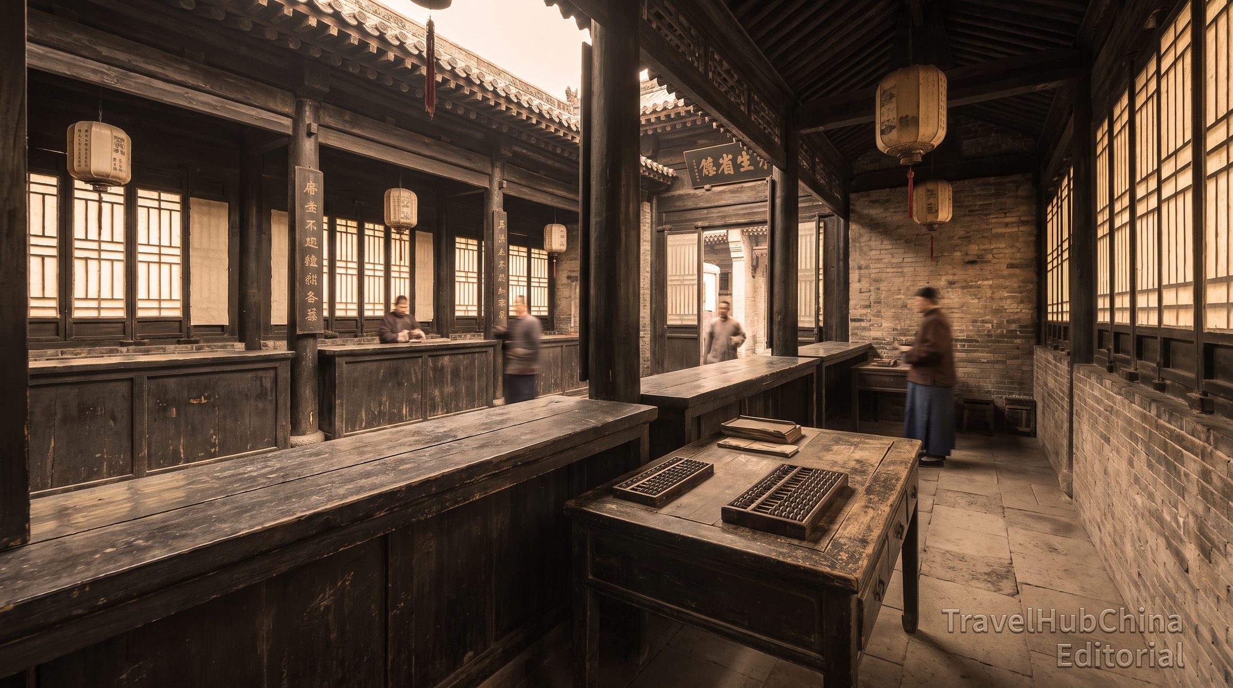 The main hall of the Rishengchang Bank Museum in Pingyao, with the original 19th-century wooden counter, abacus, and bank ledgers on display