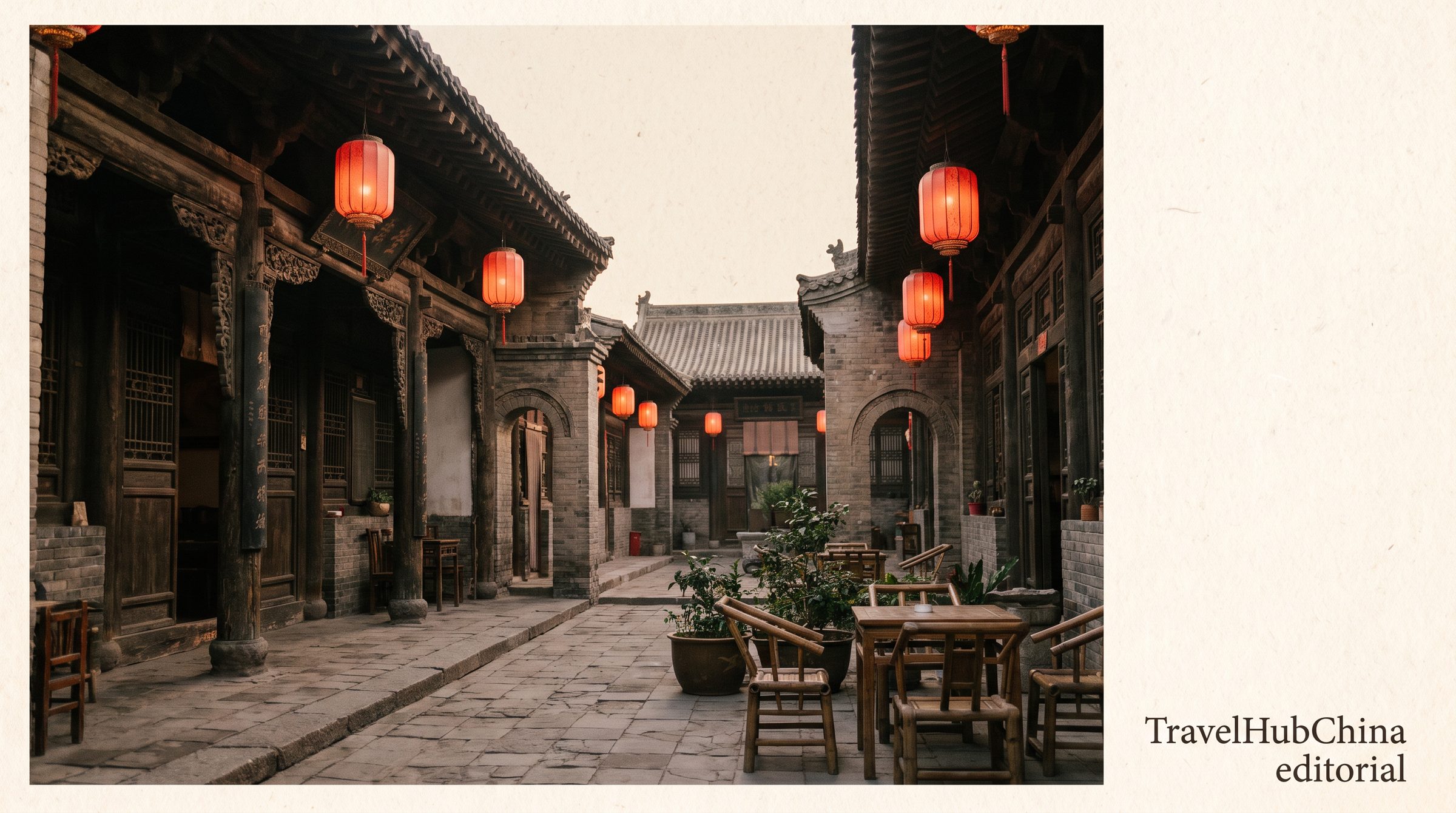 A traditional Ming-Qing courtyard inn inside the Pingyao Old Town, with a central courtyard, wooden balconies, red lanterns, and a small dining area in the foreground