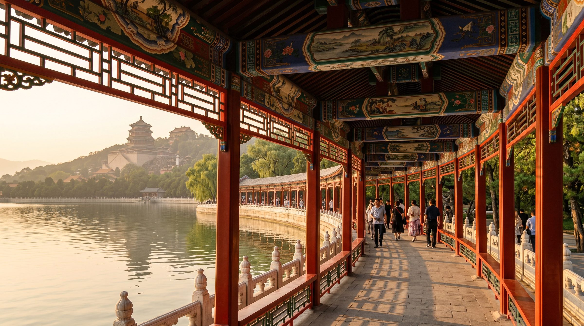 The Long Corridor at the Summer Palace in Beijing, a 728-meter covered walkway painted with 14,000 traditional Chinese scenes, running along the edge of Kunming Lake with marble railings and red pillars in summer light