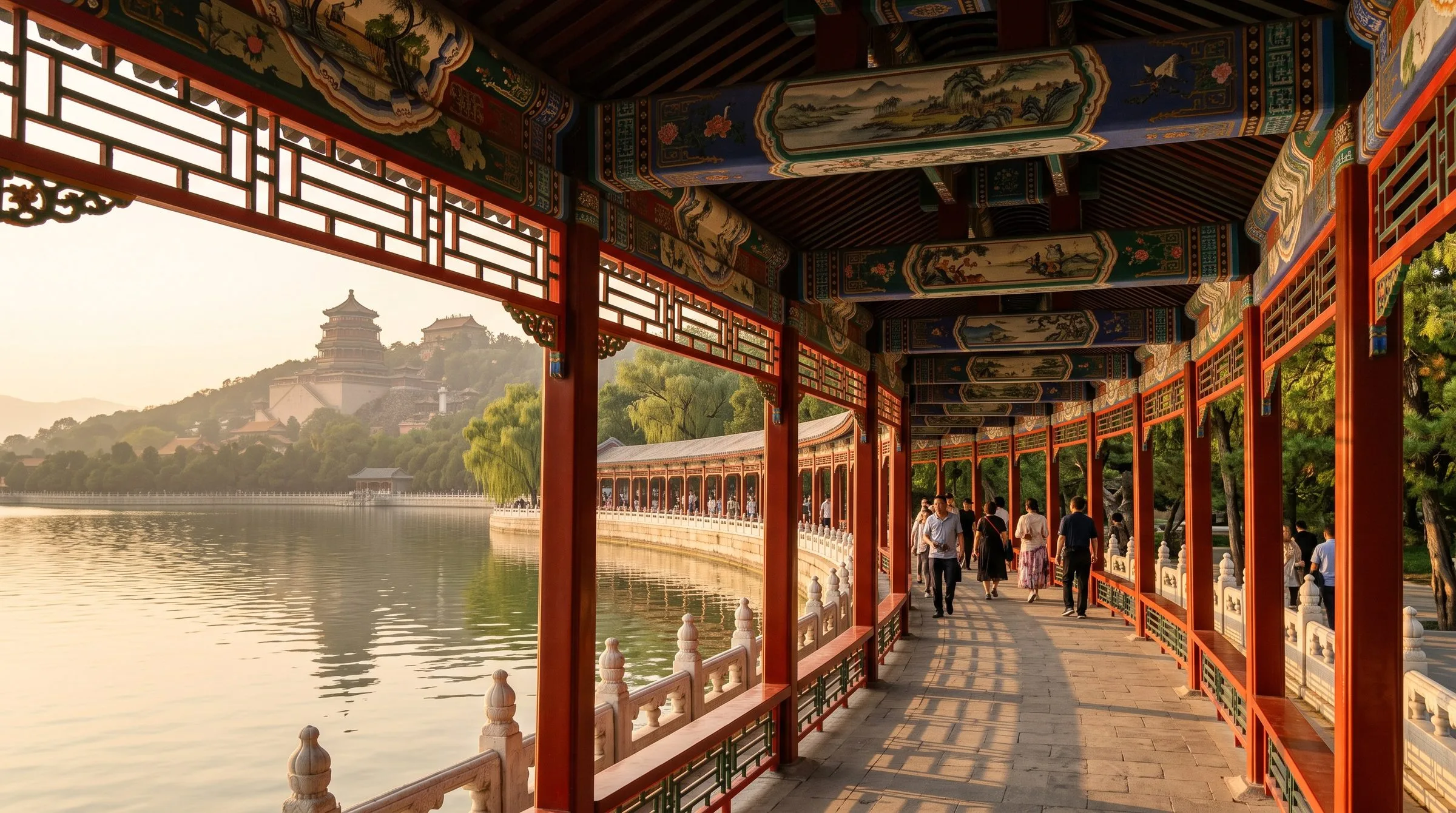 The Long Corridor at sunset, Kunming Lake — Summer Palace, Beijing.