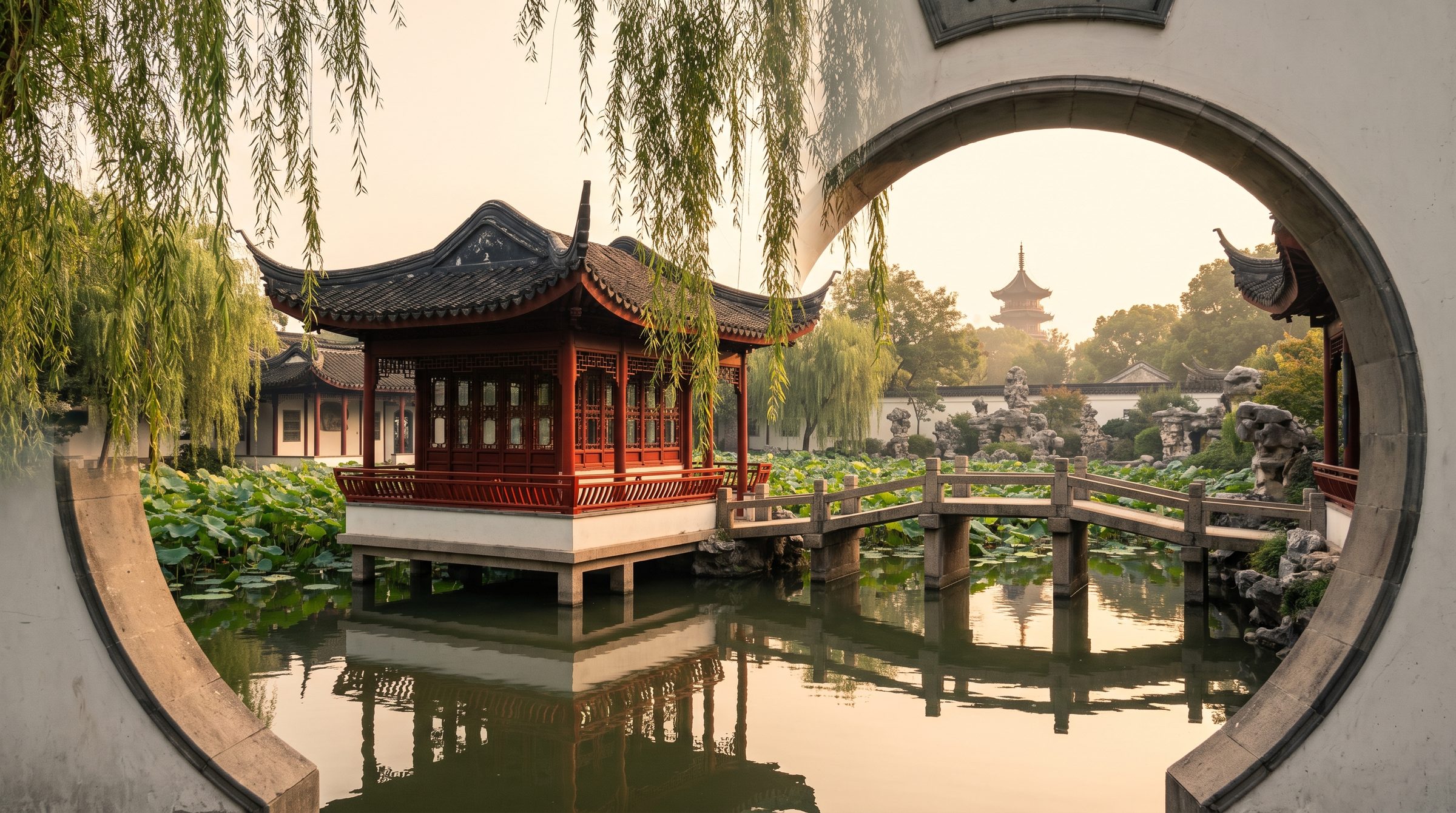 A traditional Chinese classical garden in Suzhou with a covered walkway over a koi pond, a moon gate in the background, and lush green bamboo — typical of the Ming dynasty garden aesthetic