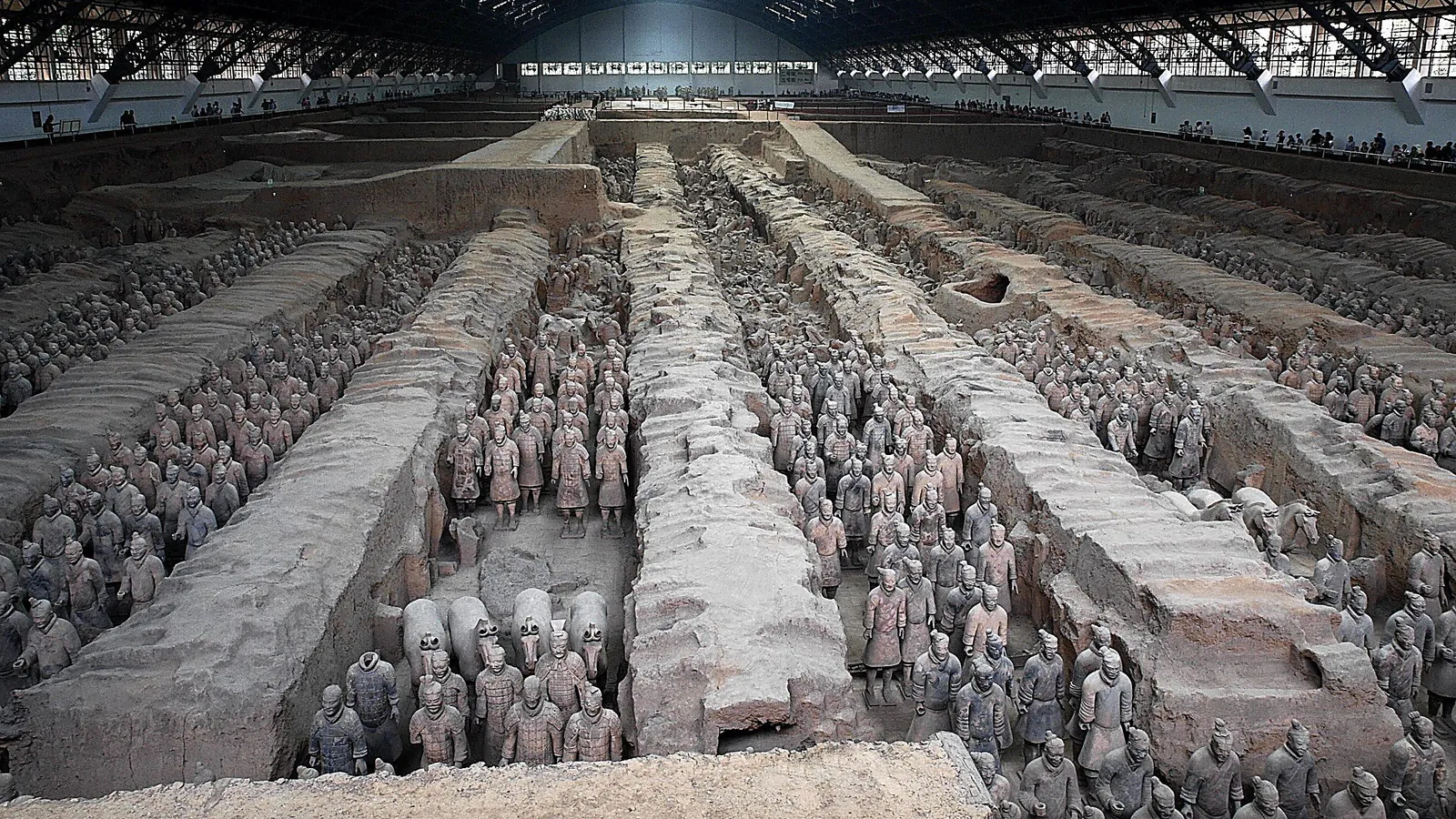 The panoramic view of Pit 1 of the Terracotta Army — the largest excavation hangar at the museum, with rows of infantry and cavalry warriors visible in the parallel trenches below, separated by the original rammed-earth walls, the arched hangar roof overhead and the viewer's elevated platform showing the full 230m length of the 6,000+ warriors in this pit alone — the most-cited photograph in any guide to the Terracotta Army