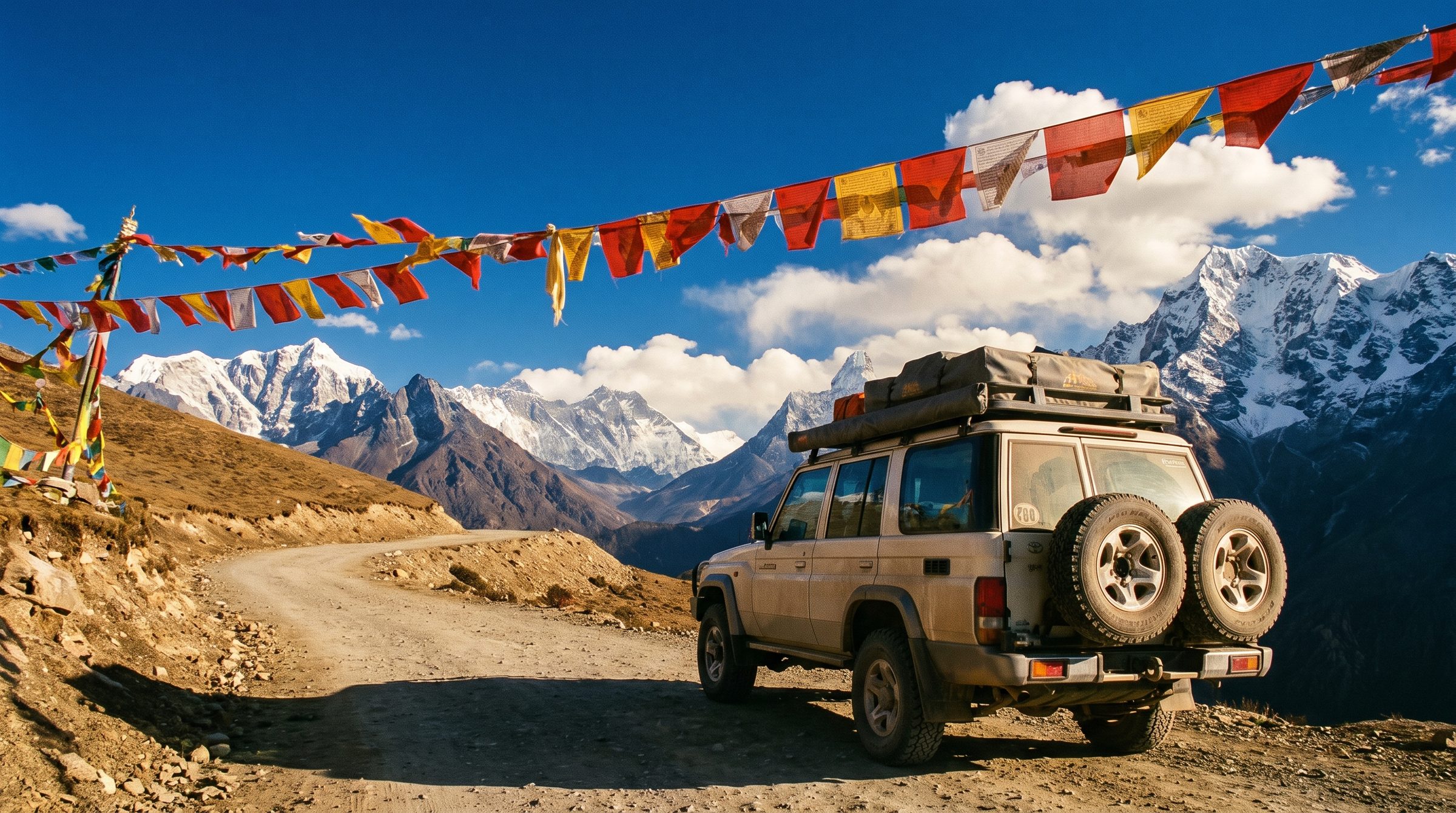 Mount Everest north face viewed from Rongbuk Monastery at sunset, with golden prayer flags in the foreground against the snow-capped peak