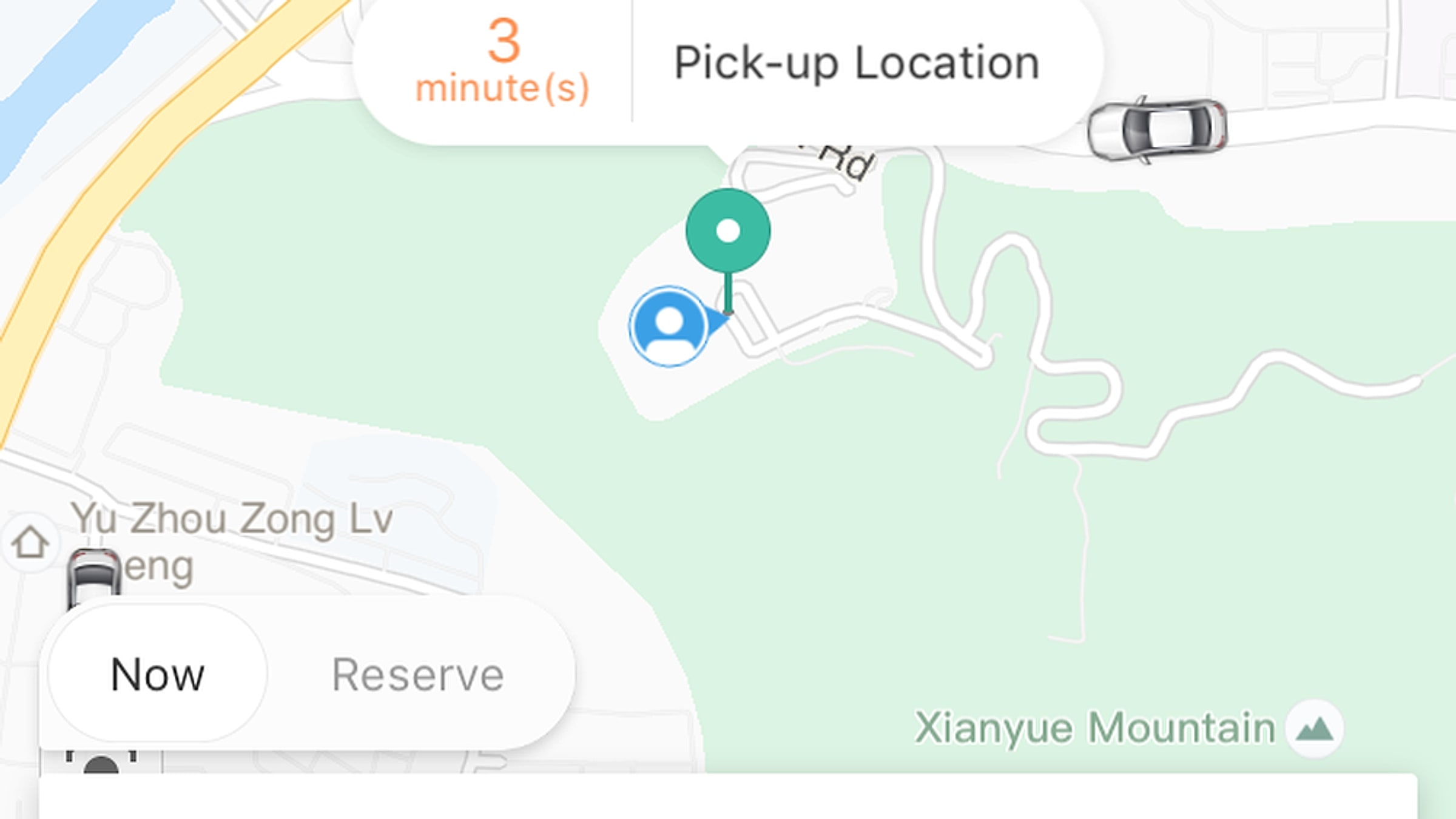 واجهة DiDi الرئيسية تعرض علامات تبويب خدمات Express وTaxi وPremier وLuxe مع التقاط ETA لمدة 3 دقائق في Xiamen