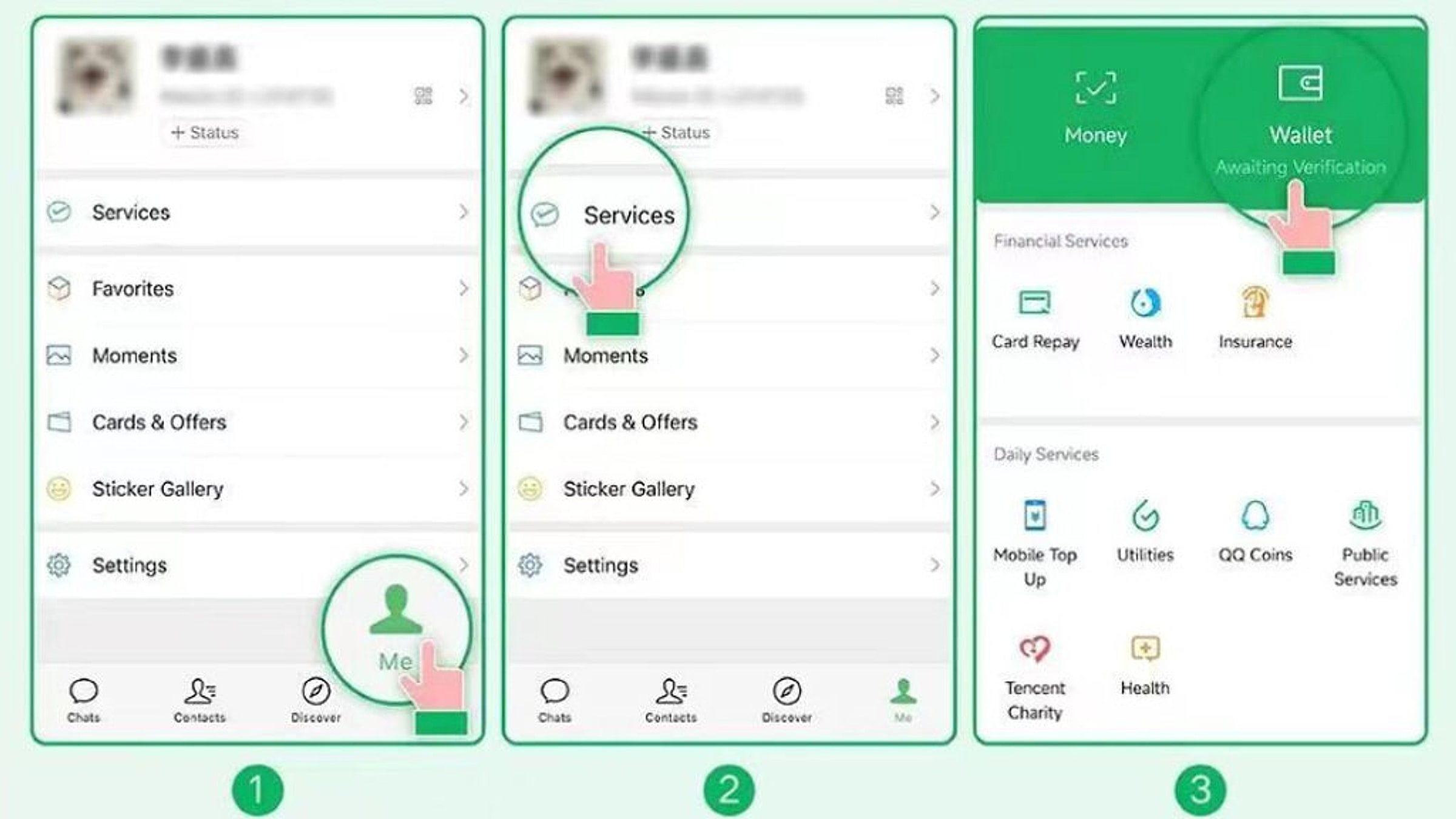 Einrichtungsablauf für das WeChat-Konto mit der Registerkarte „Ich“, dem Menü „Dienste“ und dem Wallet-Einstiegspunkt