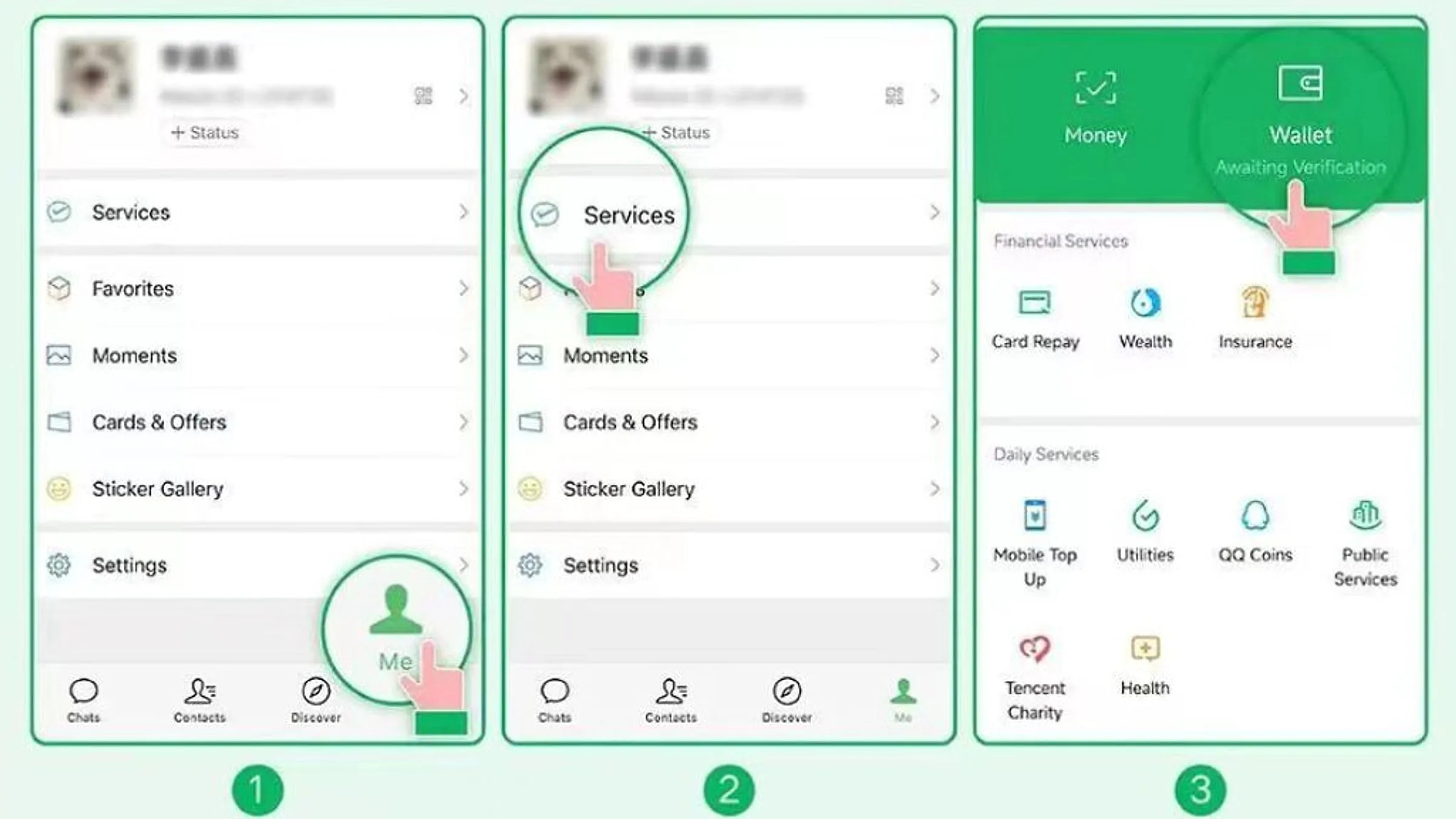 WeChat account setup flow showing Me tab, Services menu, and Wallet entry point