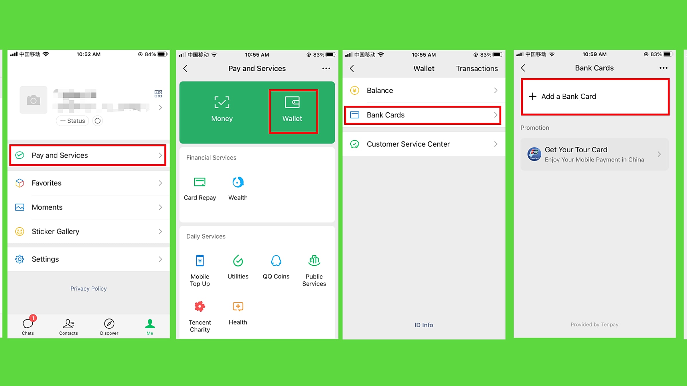 Sechs-Bildschirm-Bankkartenbindungsablauf in WeChat Wallet, von der Kartenauswahl bis zur Verifizierung