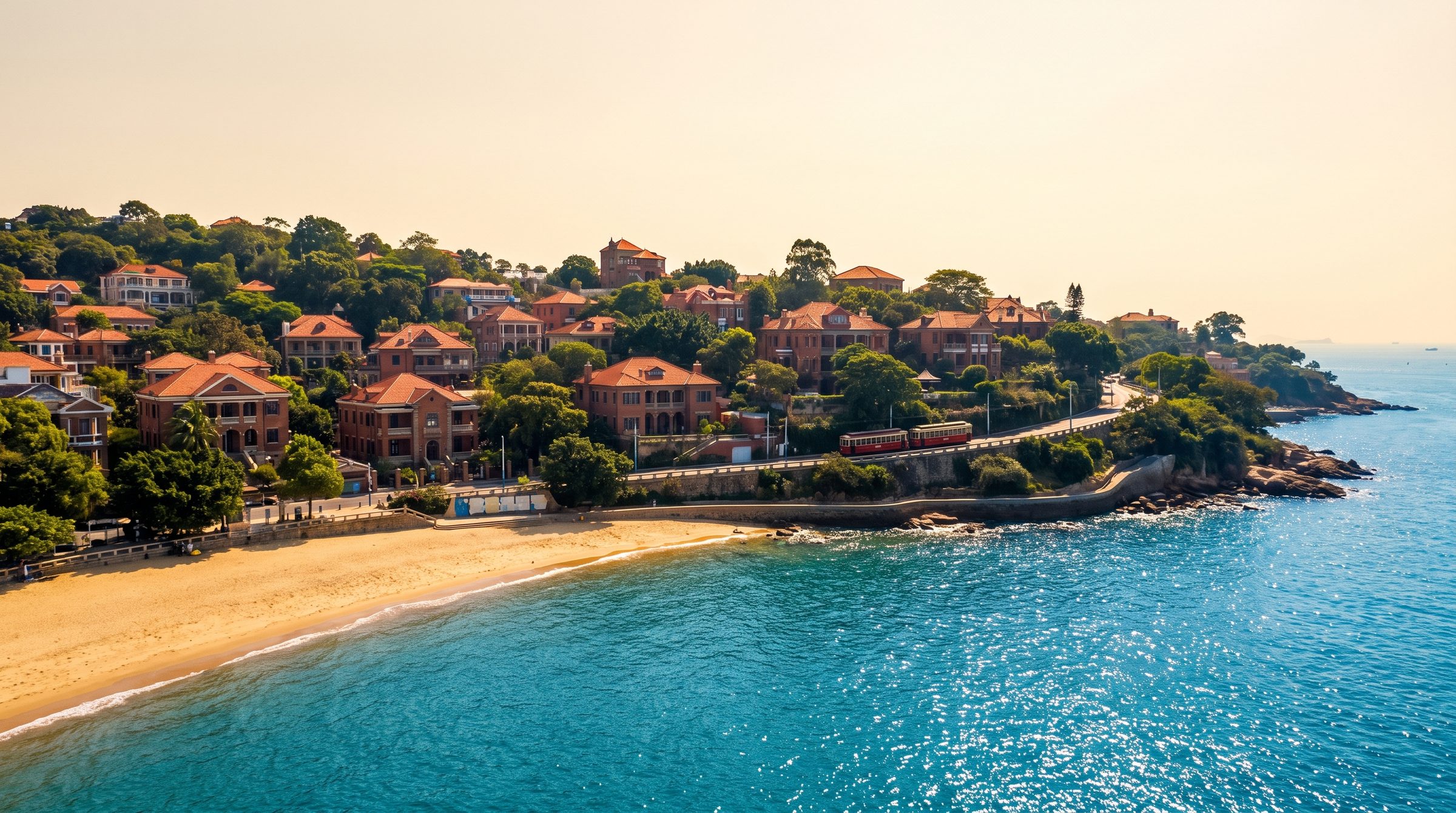 The waterfront of Gulangyu Island in Xiamen with the historic colonial architecture of the former foreign consulates, the leafy banana trees, and the calm South China Sea at sunset