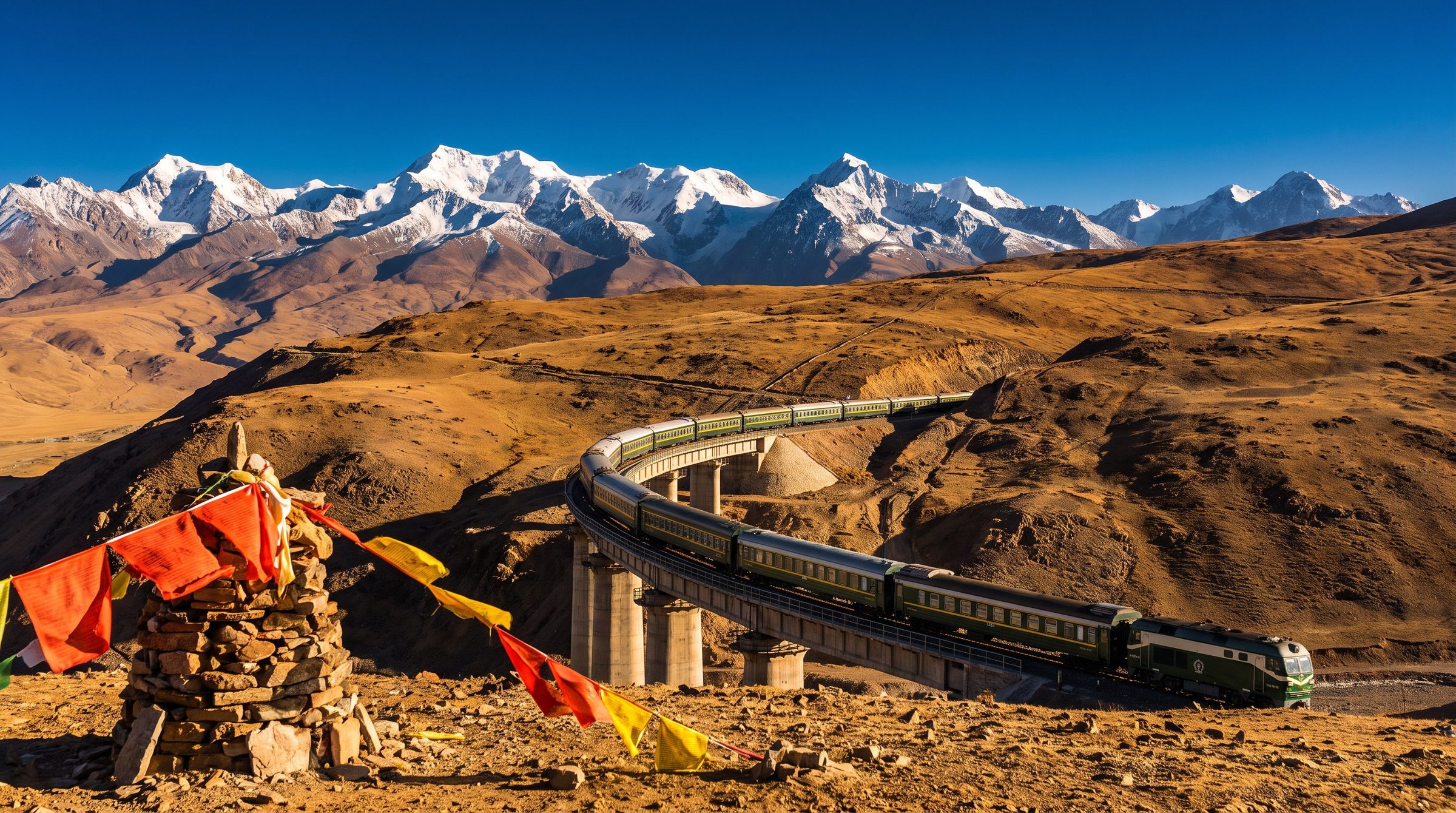 The golden roofs and white stupas of Kumbum Monastery in Qinghai, with Tibetan prayer flags and the main assembly hall visible in winter light