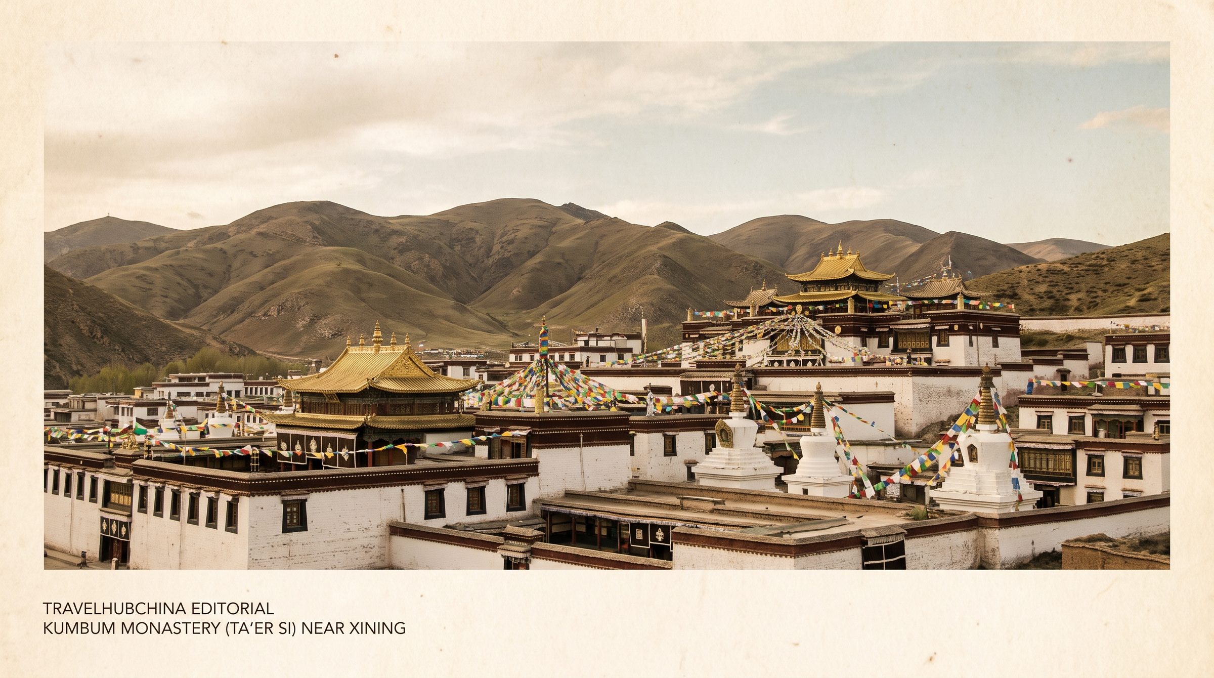 The Kumbum Monastery in winter, showing the white stupas and the Great Golden Tile Temple, with Tibetan prayer flags strung between the buildings and a clear blue sky