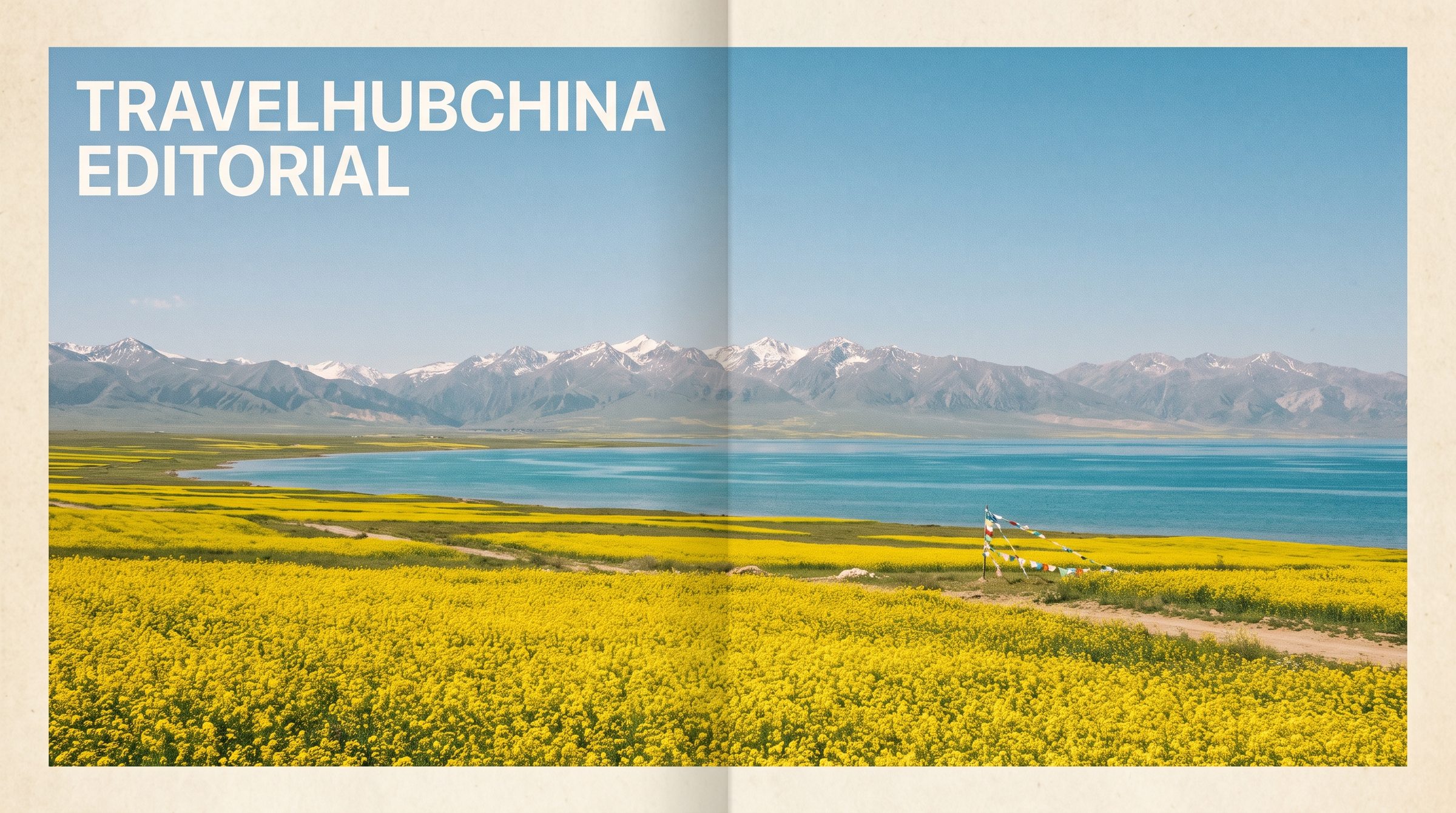Qinghai Lake in summer, with the deep blue water stretching to the horizon, yellow rapeseed flowers in the foreground, and the Nan Mountains visible across the lake